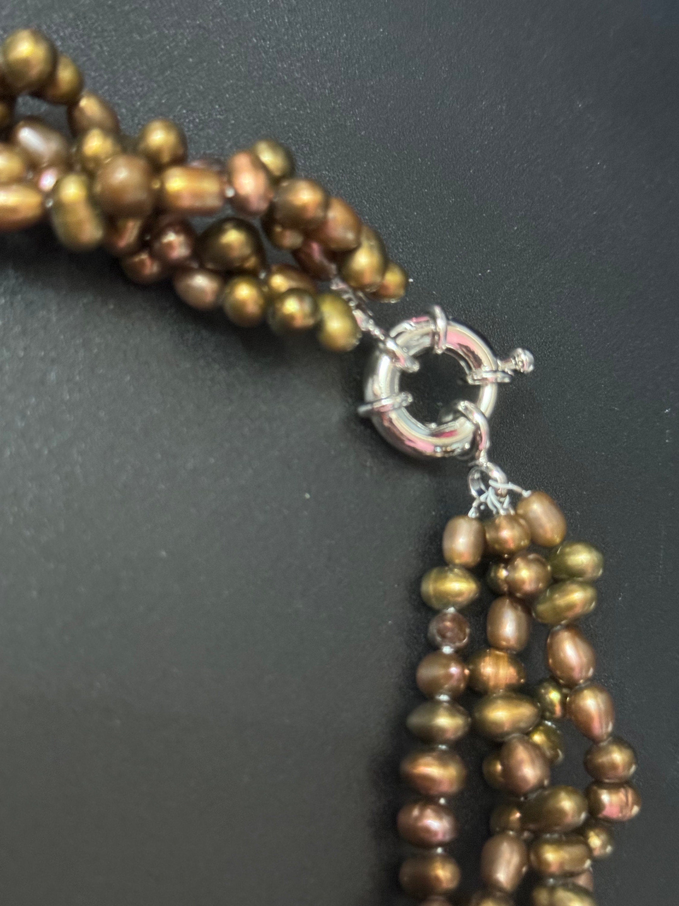 Vintage brown bronze genuine dyed pearl twisted multi-strand necklace with oversized clasp silver tone