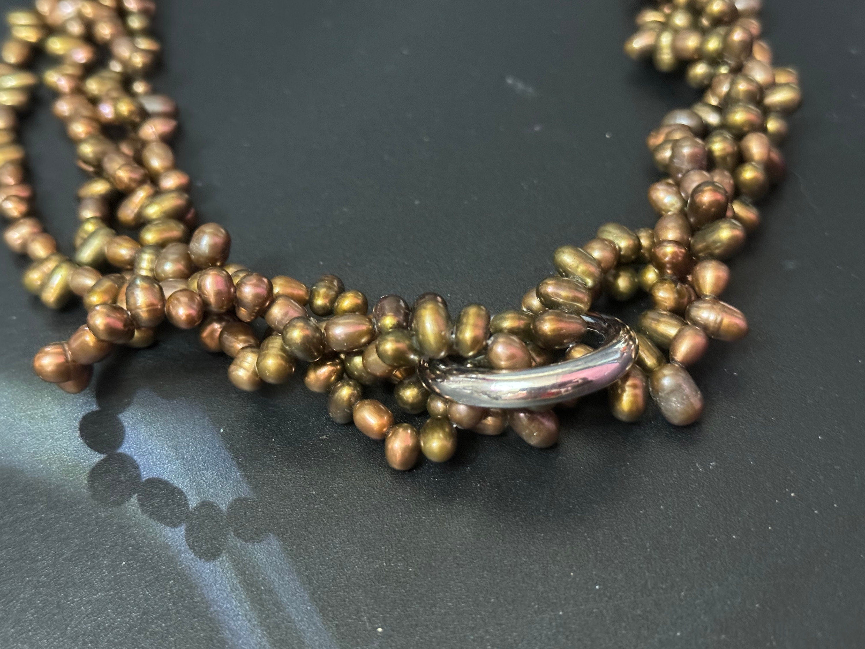 Vintage brown bronze genuine dyed pearl twisted multi-strand necklace with oversized clasp silver tone