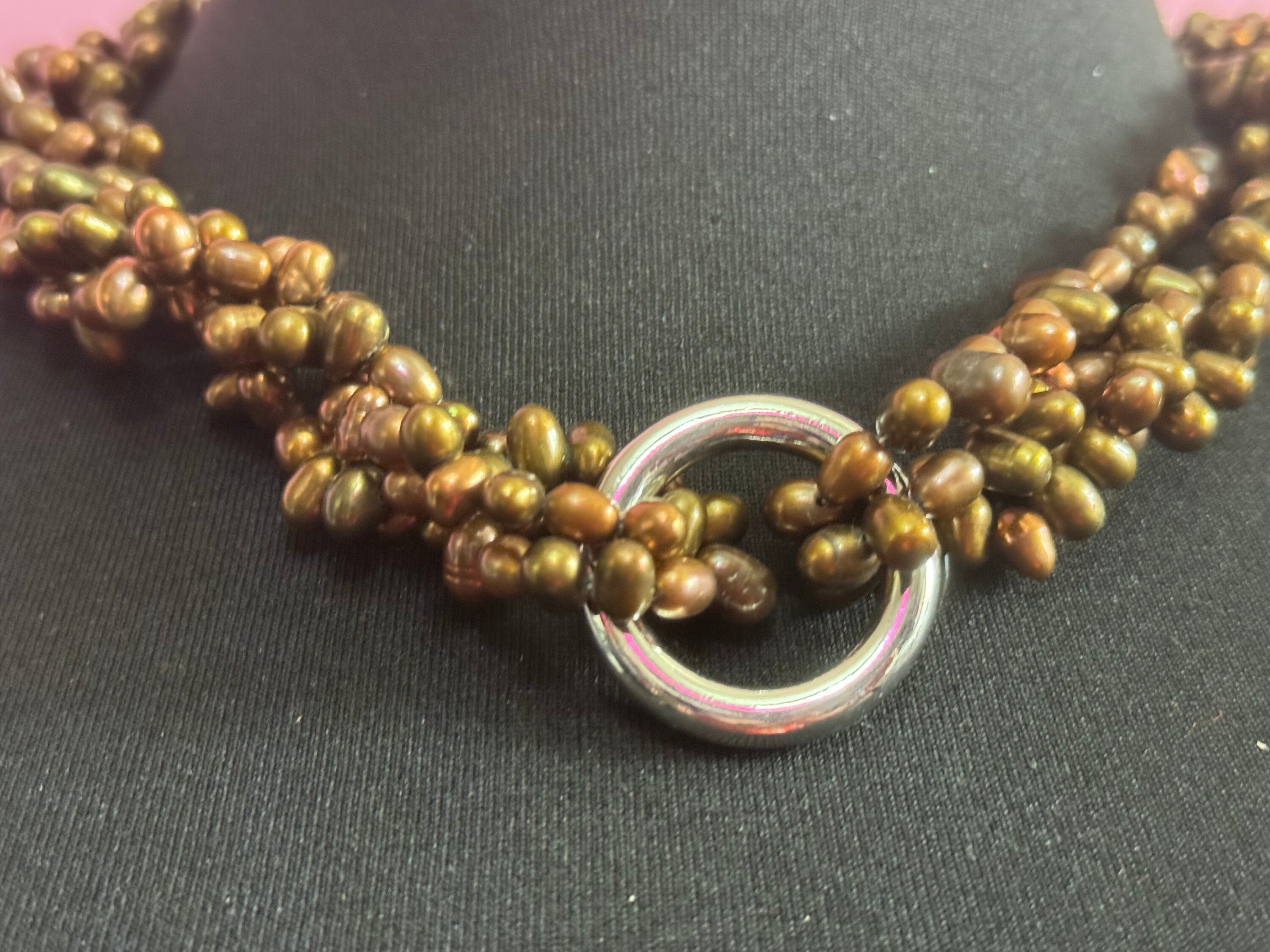 Vintage brown bronze genuine dyed pearl twisted multi-strand necklace with oversized clasp silver tone