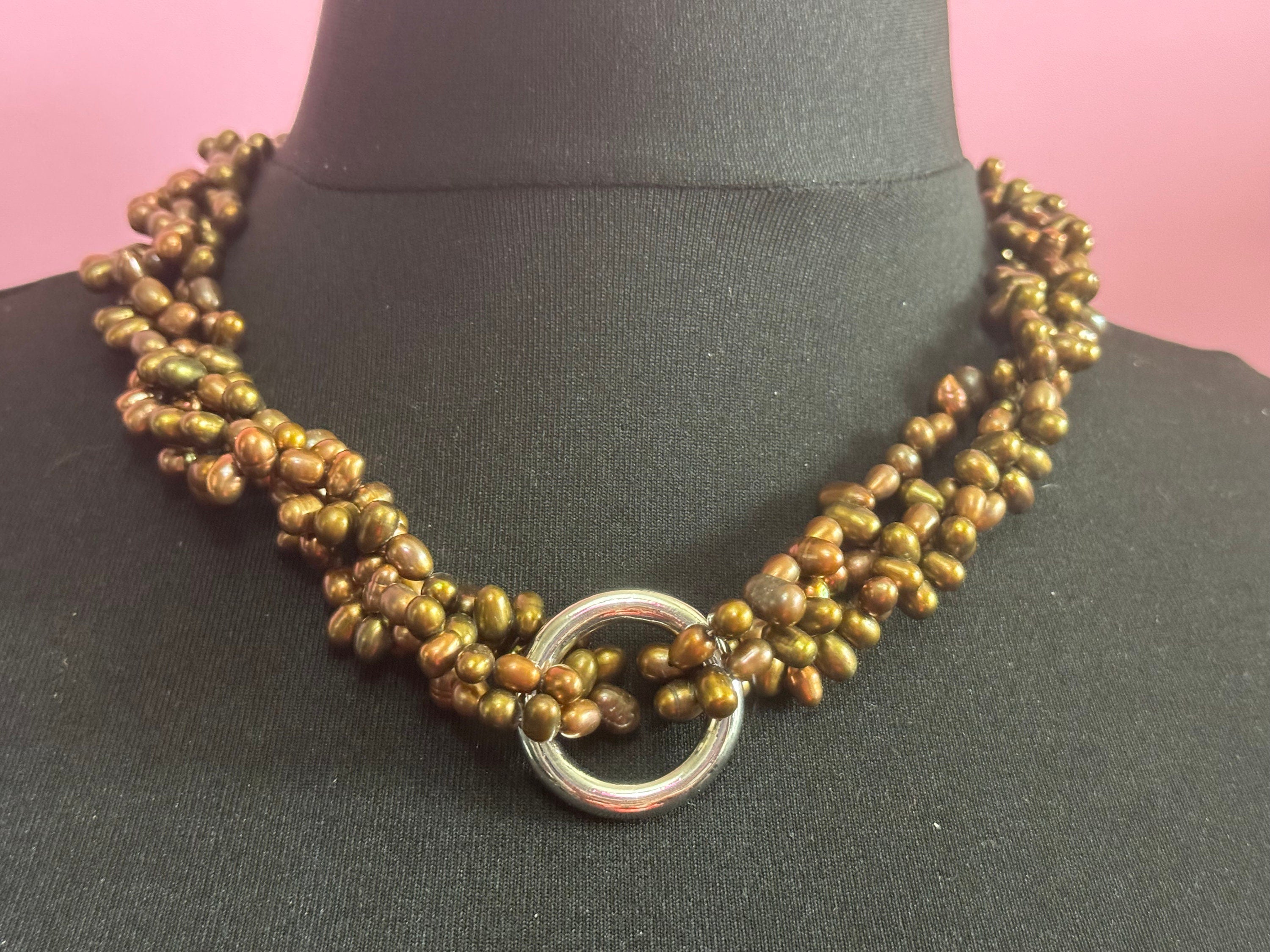 Vintage brown bronze genuine dyed pearl twisted multi-strand necklace with oversized clasp silver tone