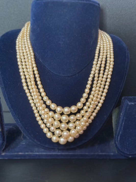 Petite 39cm slim neck Vintage 3 strand row faux glass pearl choker necklace