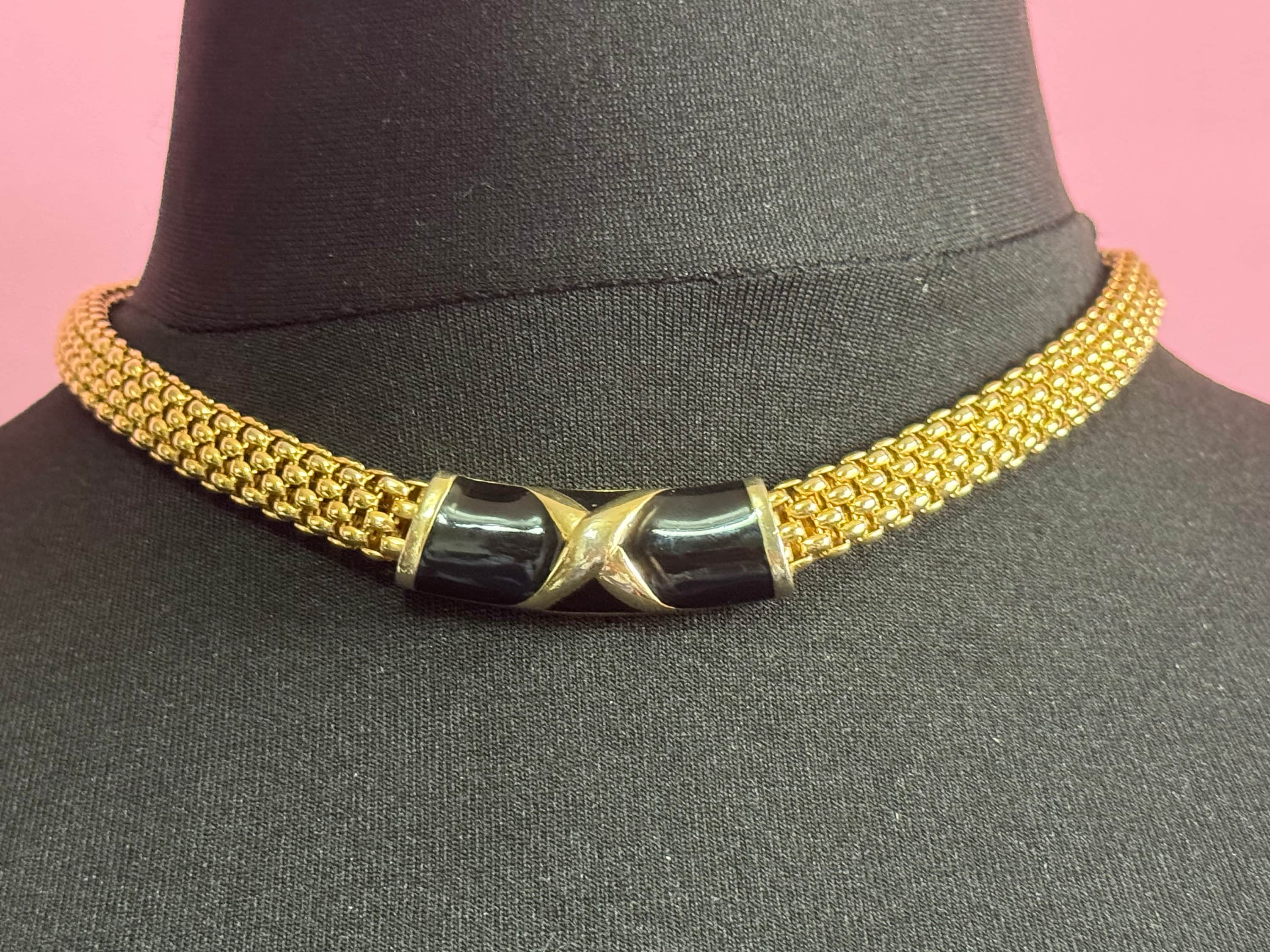 Retro modernist gold tone brick link omega mesh black enamel choker necklace with magnetic clasp