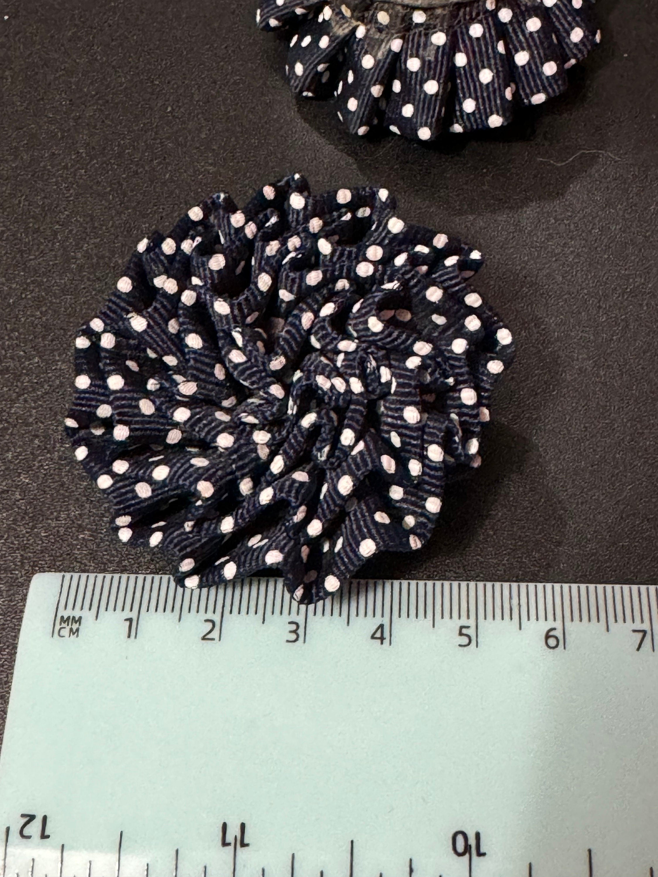 pair of navy blue and white monochrome GROSGRAIN ribbon polka dot spotty shoe clips