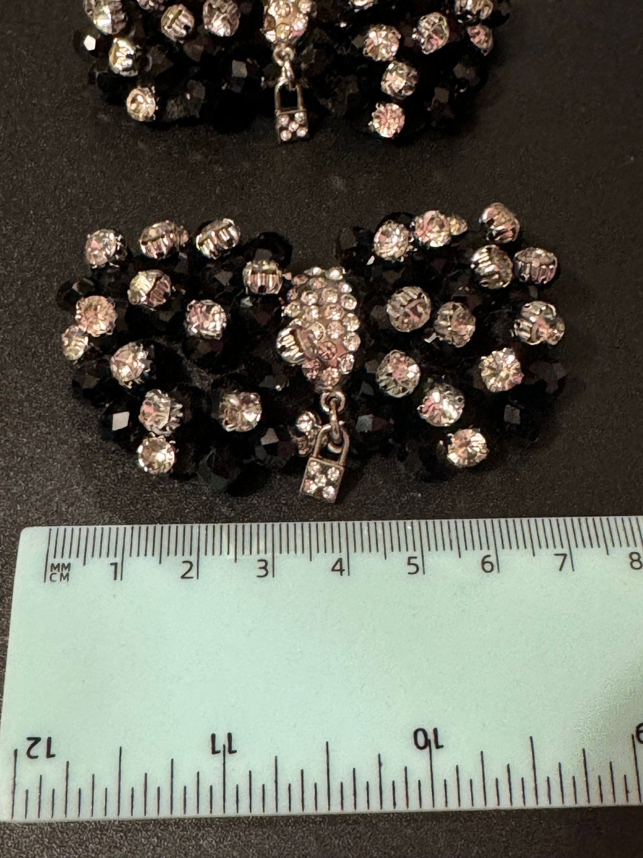 pair of large black and silver faceted diamanté glass beaded bow shoe clips