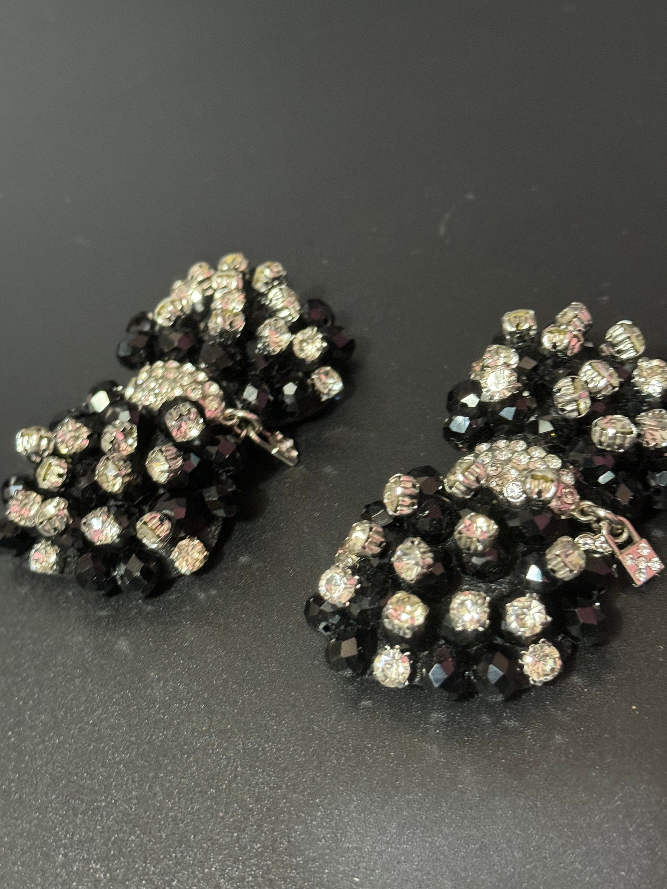 pair of large black and silver faceted diamanté glass beaded bow shoe clips