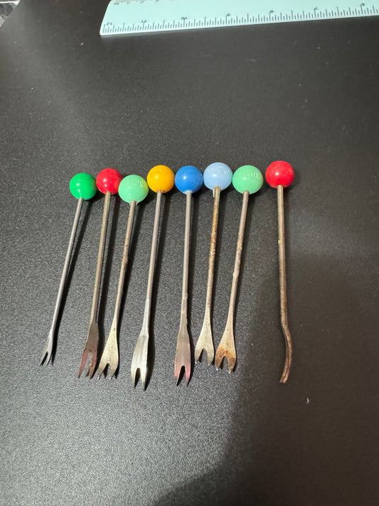 True Vintage set of 8 mixed red  blue green yellow cherry cocktail picks for cocktail cabinet gin bar