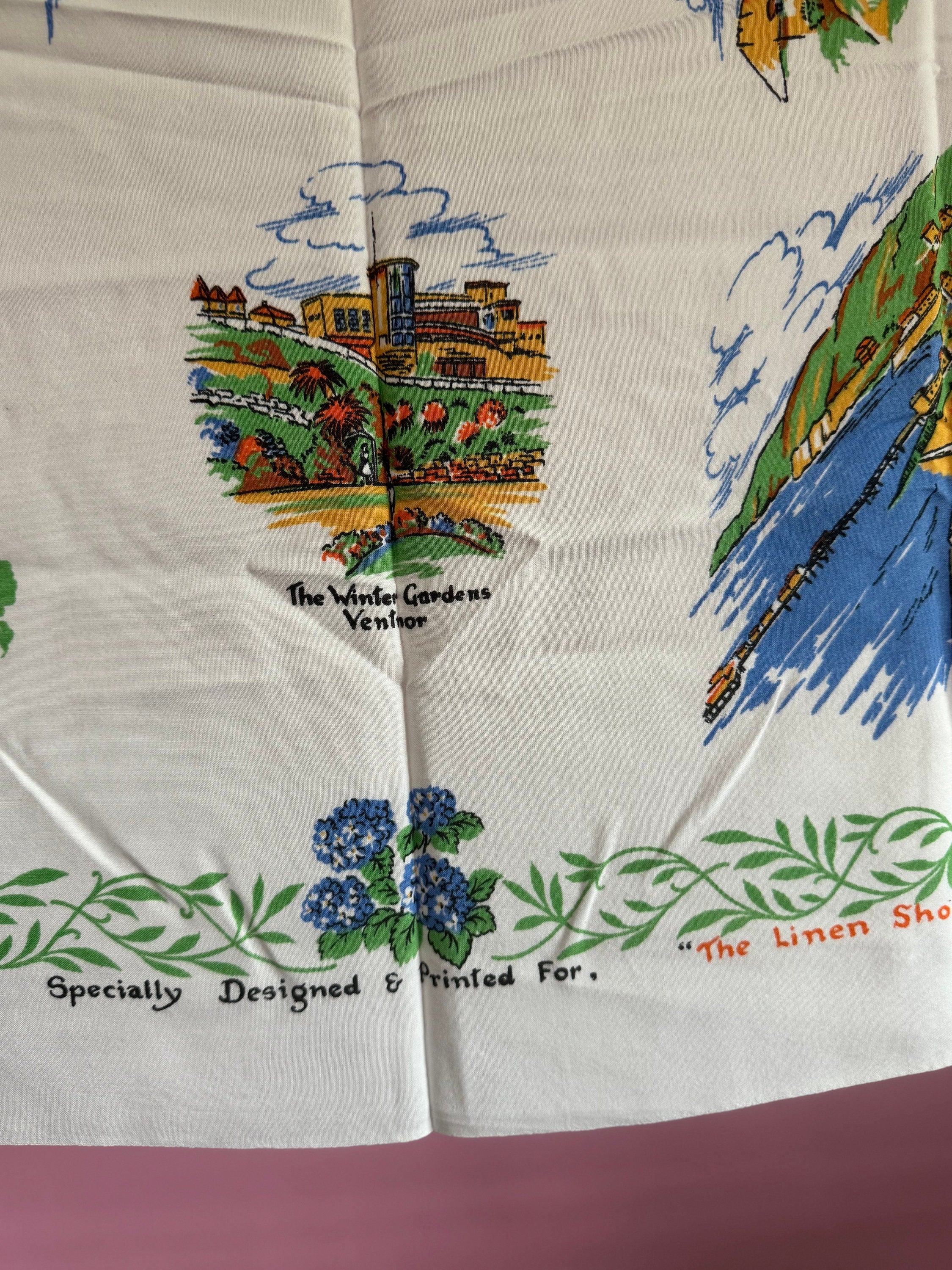 32” EAST ANGLIA Vintage printed souvenir tablecloth Norwich Kings Lynn Great Yarmouth landmarks