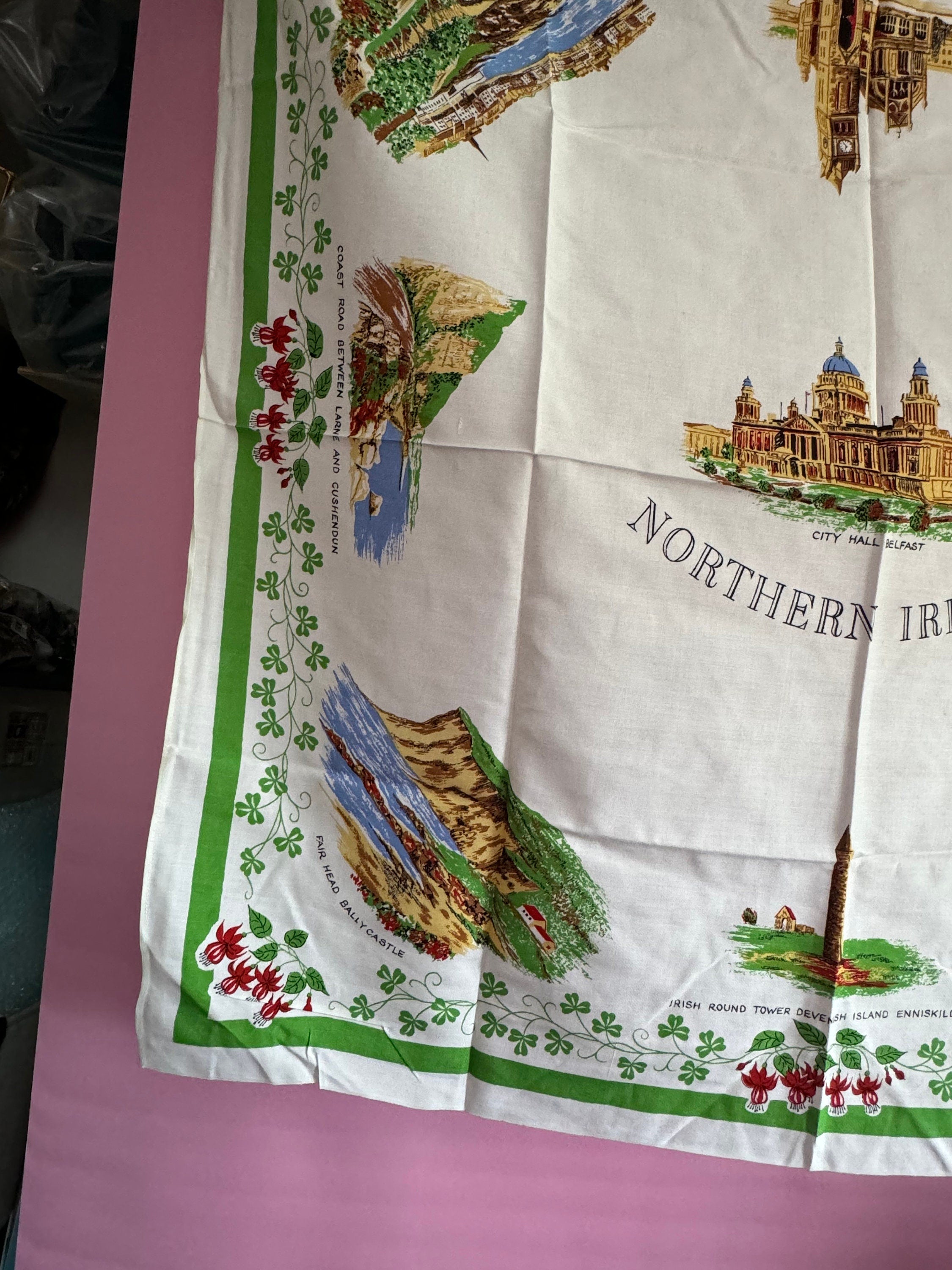 36” northern Ireland Irish Vintage printed souvenir tablecloth towns landmarks