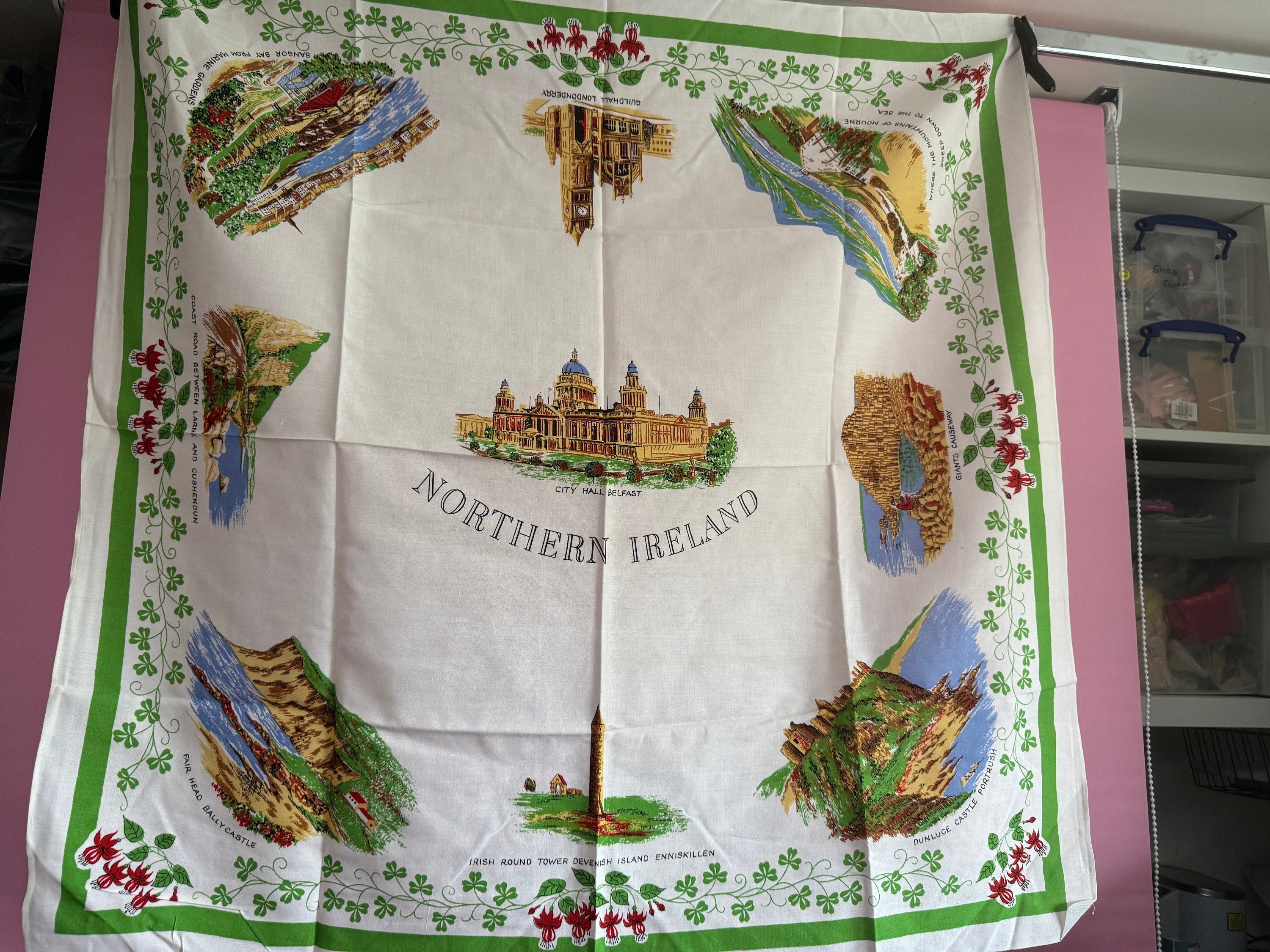 36” northern Ireland Irish Vintage printed souvenir tablecloth towns landmarks