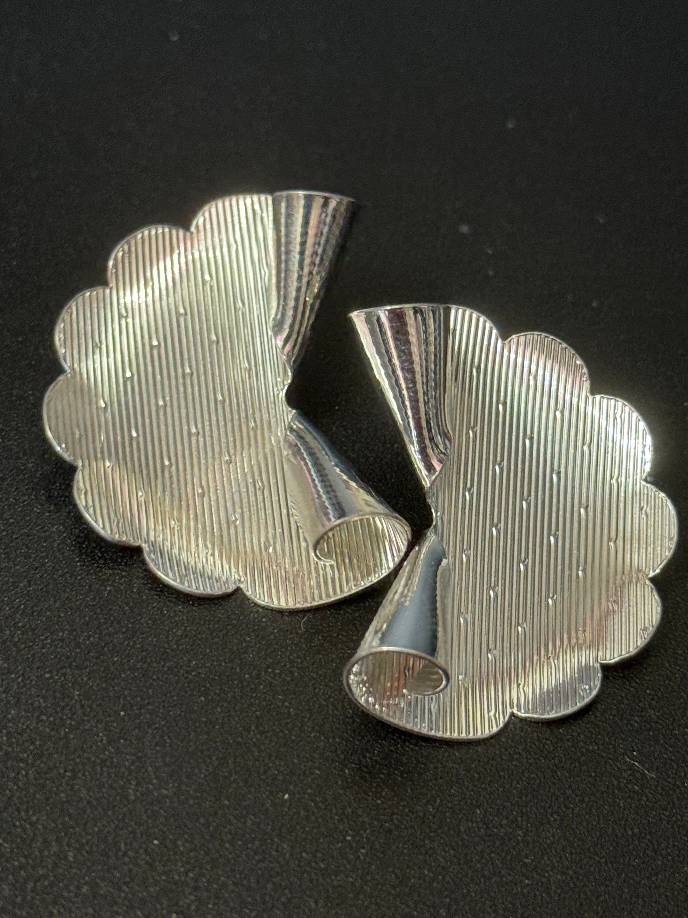 True vintage signed KIGU of London 3.5cm wide oversized fan earrings rhodium plated old shop stock from 1950s-1960s unused