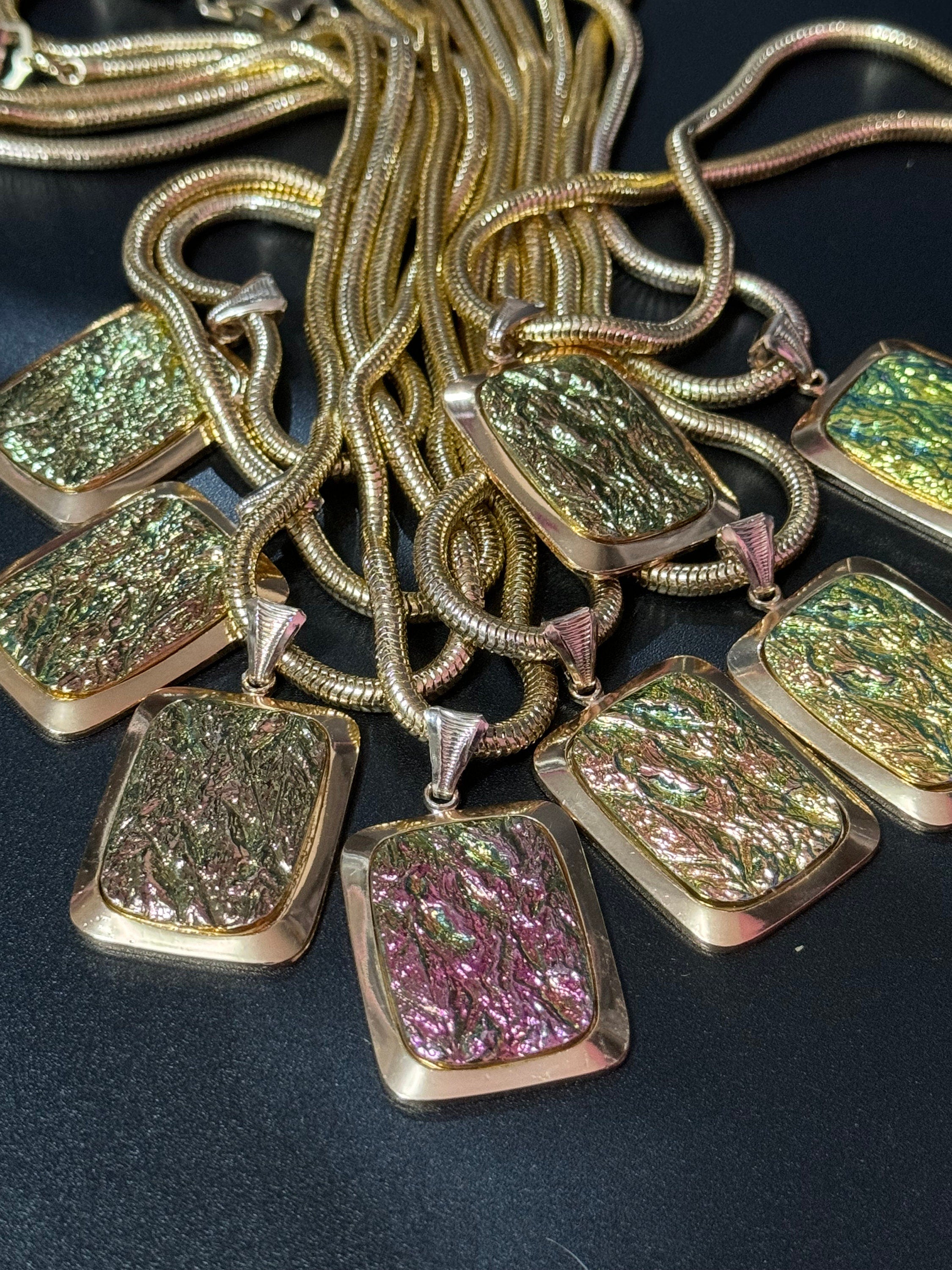 true vintage 1960s French pink purple green iridescent rainbow glass pendants on gold tone thick lightweight aluminium snake chain necklace