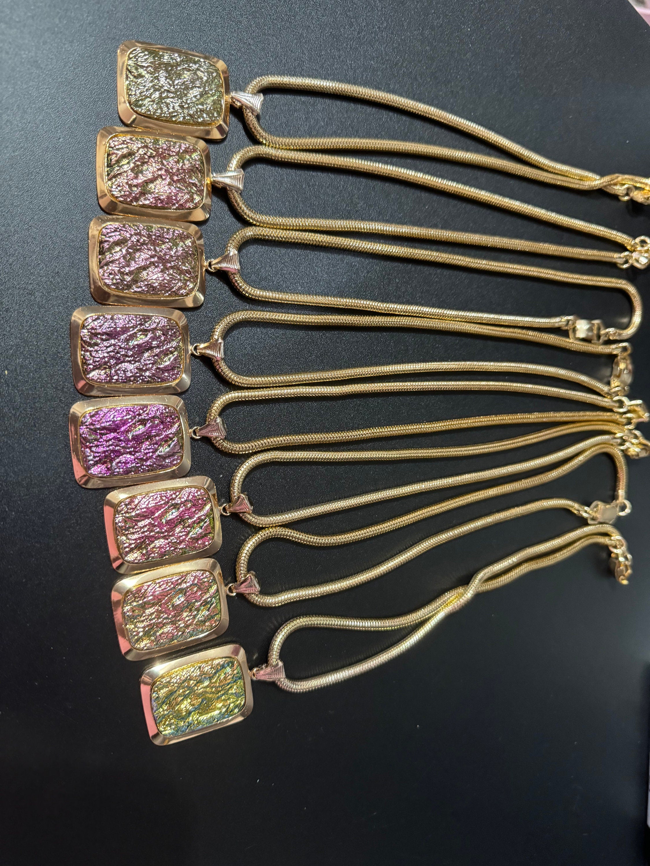 true vintage 1960s French pink purple green iridescent rainbow glass pendants on gold tone thick lightweight aluminium snake chain necklace