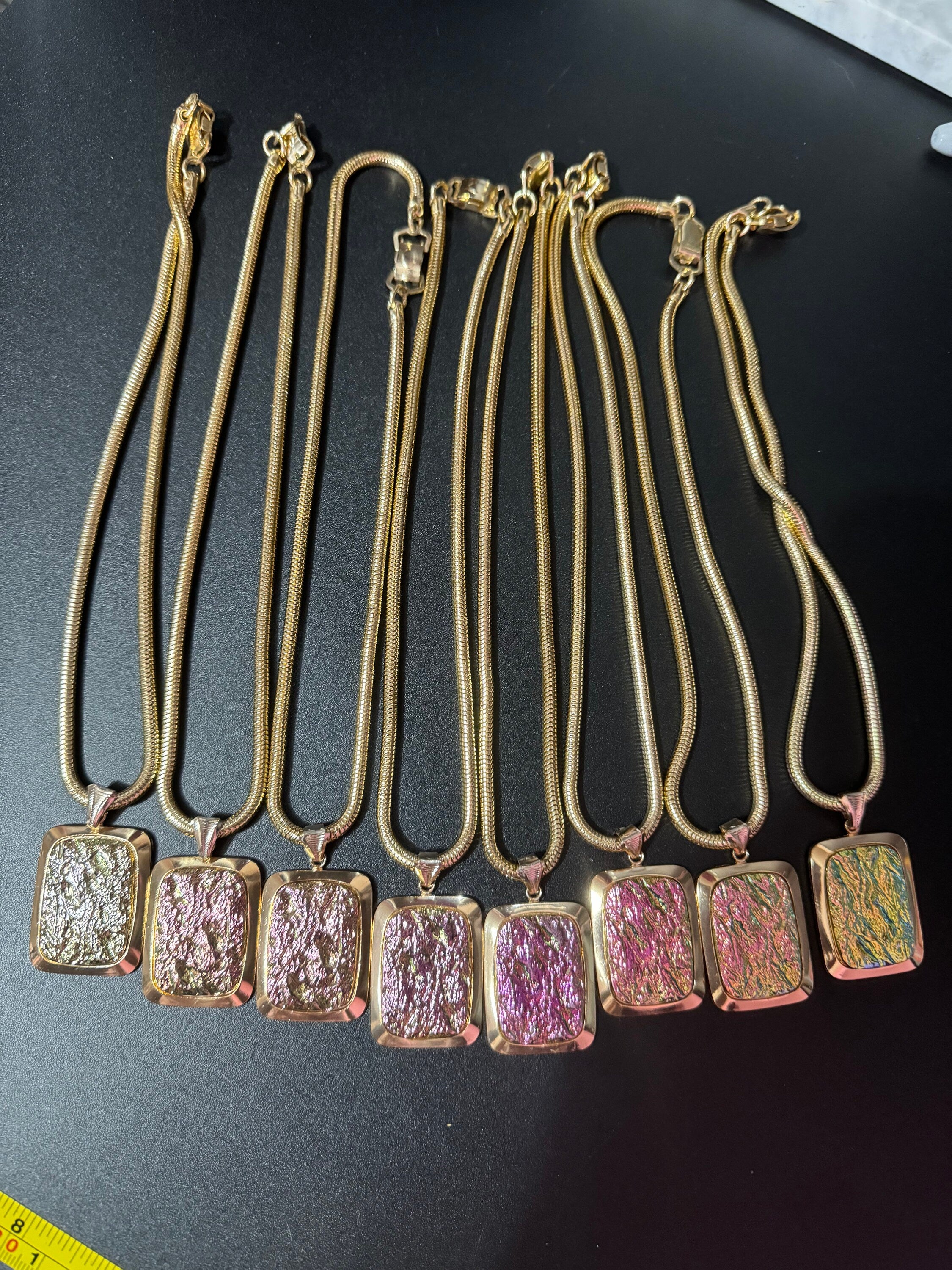 true vintage 1960s French pink purple green iridescent rainbow glass pendants on gold tone thick lightweight aluminium snake chain necklace