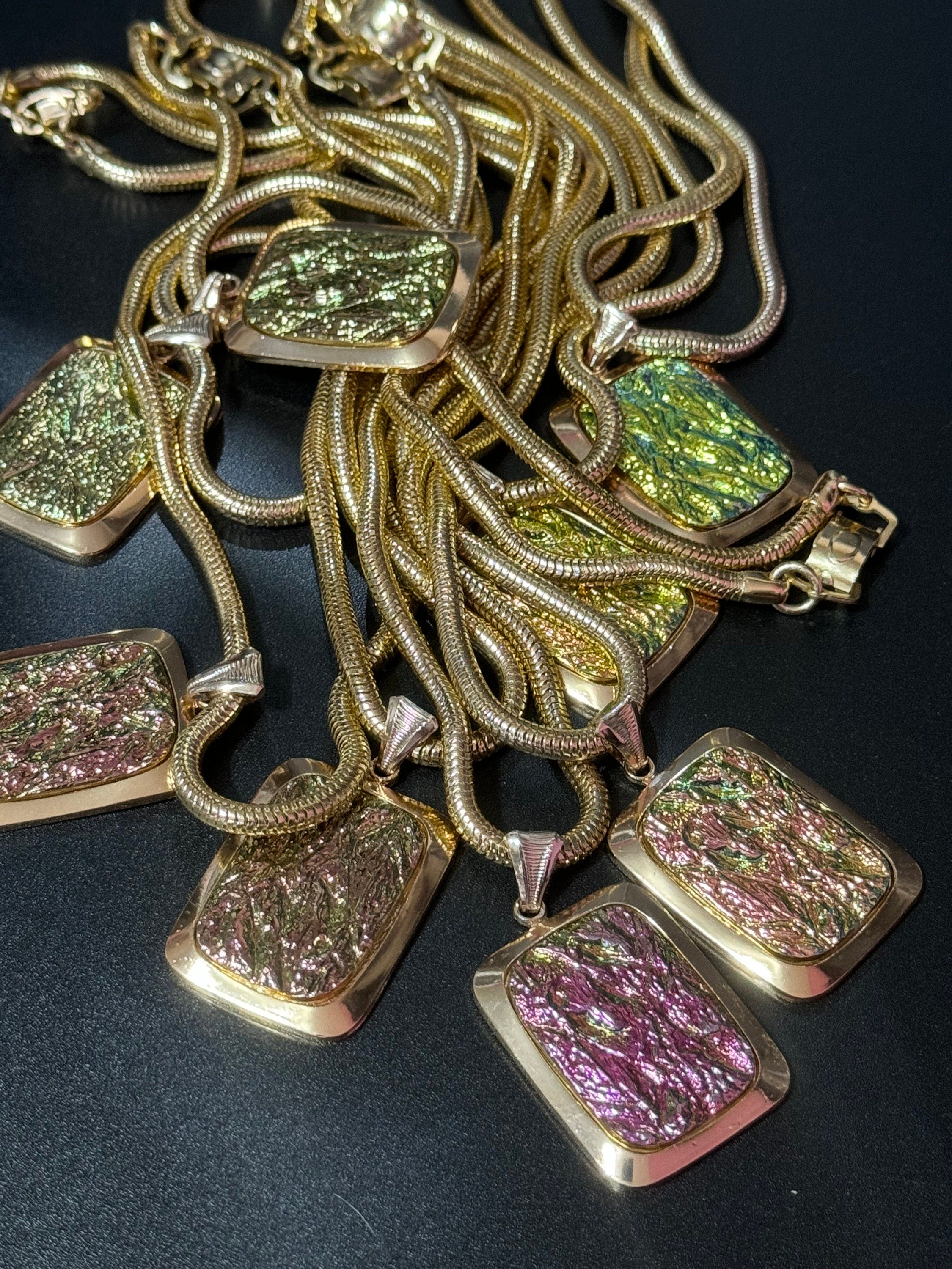 true vintage 1960s French pink purple green iridescent rainbow glass pendants on gold tone thick lightweight aluminium snake chain necklace