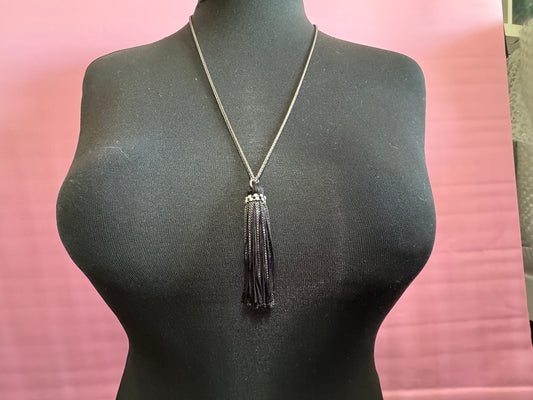 Retro Swarovski Crystal black and dark grey silver tone tassel necklace designer