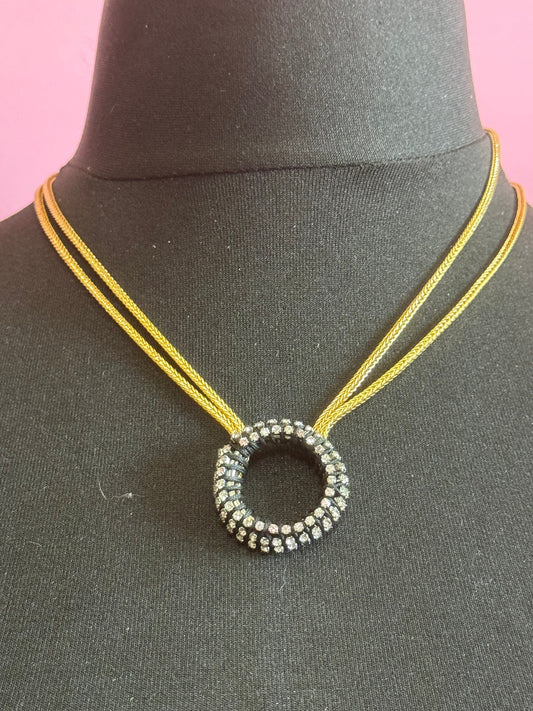 Retro Swarovski Crystal black and Clear gold tone diamanté hoop necklace designer