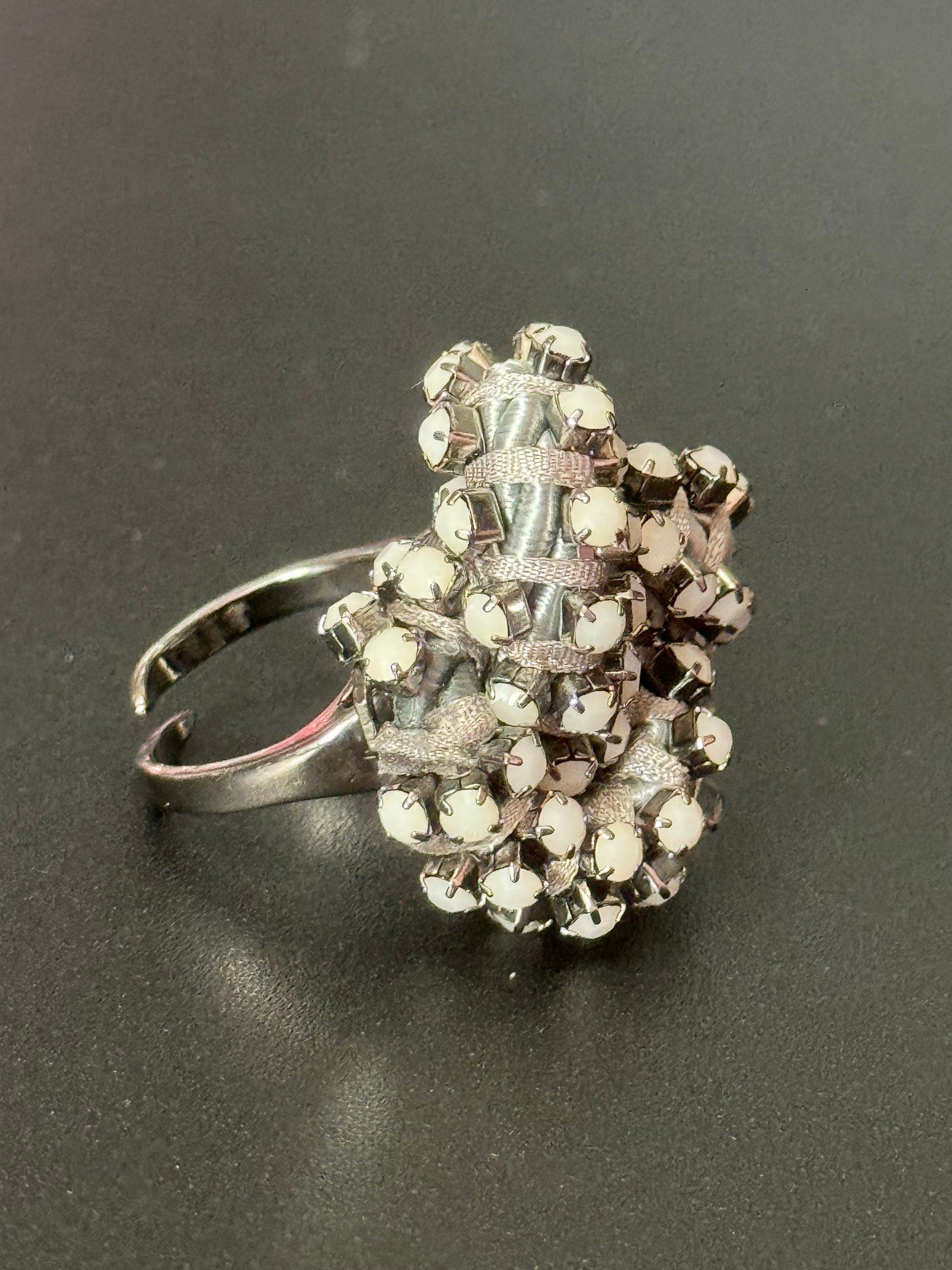 Retro white Swarovski Crystal silver tone oversized knot cocktail ring adjustable designer