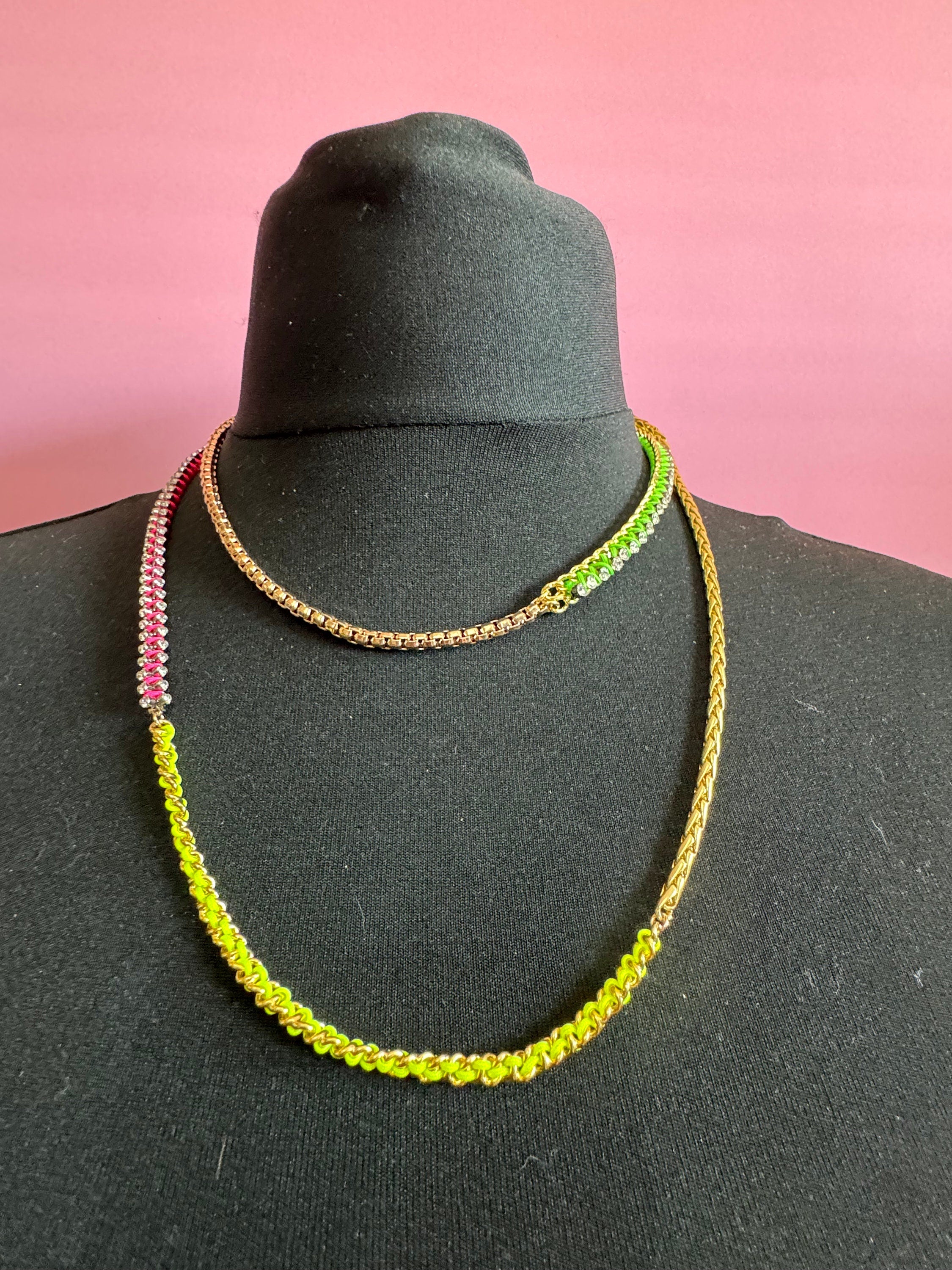 Retro Dayglo pink blue green yellow silk clear Swarovski Crystal very long gold tone chain necklace designer