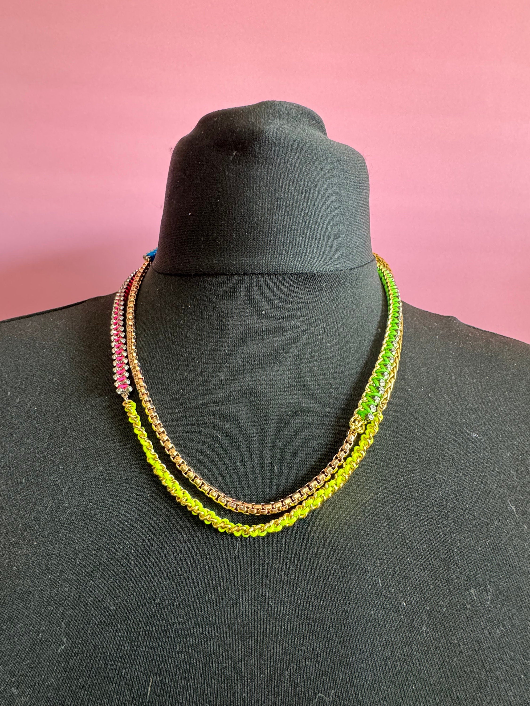 Retro Dayglo pink blue green yellow silk clear Swarovski Crystal very long gold tone chain necklace designer