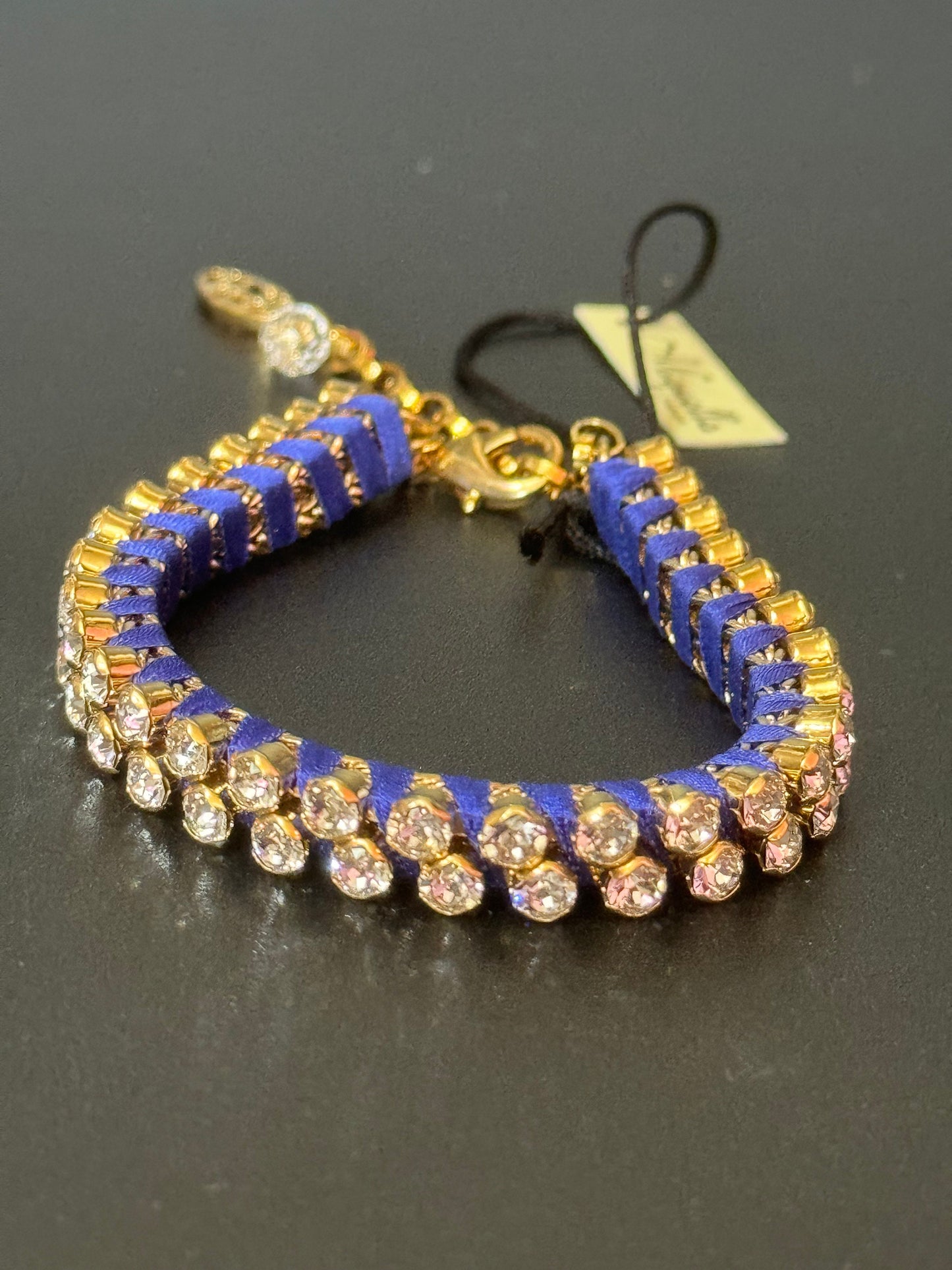 Retro Bright cobalt blue Japanese silk clear Swarovski Crystal diamanté tennis bracelet designer