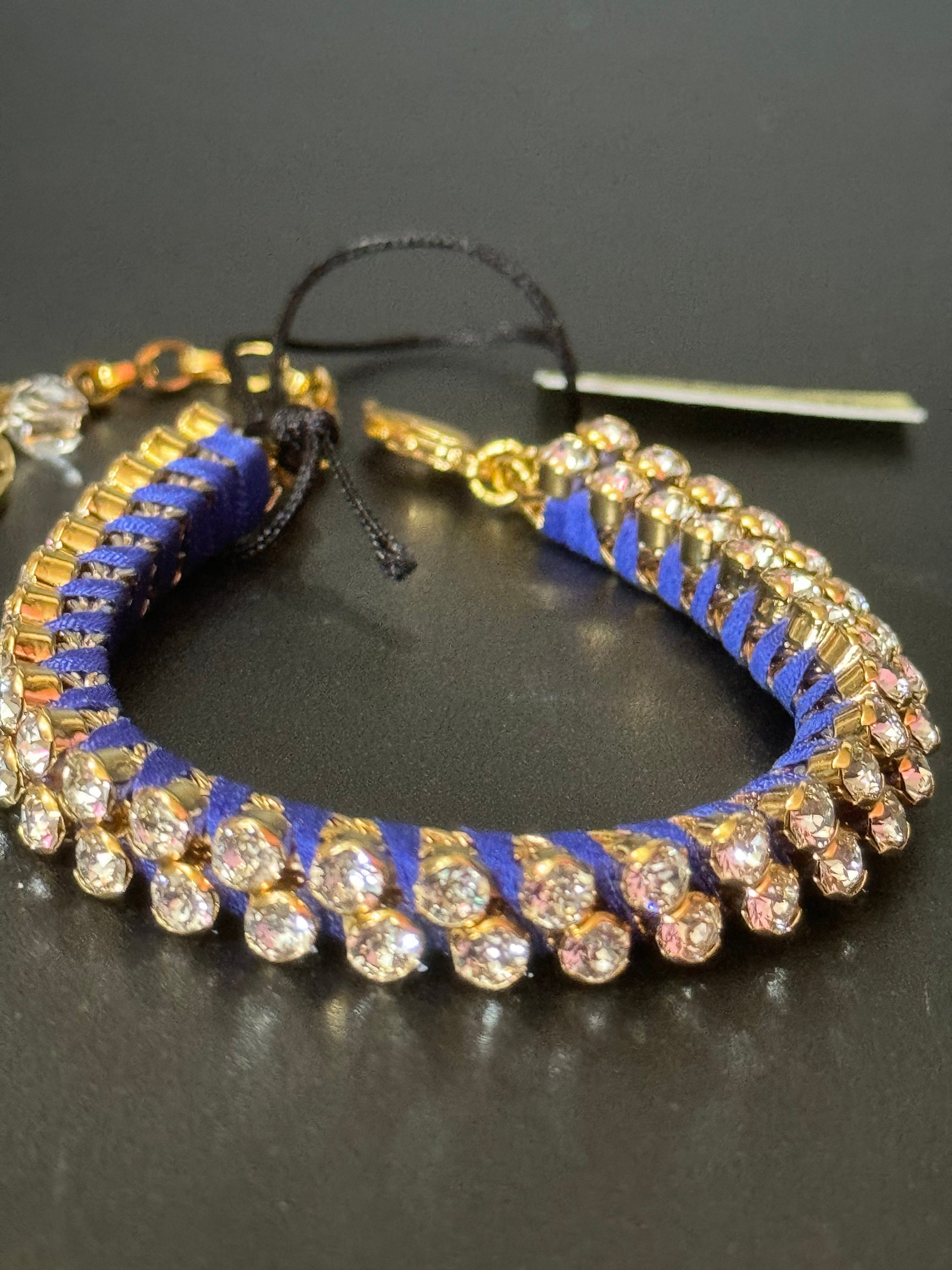 Retro Bright cobalt blue Japanese silk clear Swarovski Crystal diamanté tennis bracelet designer