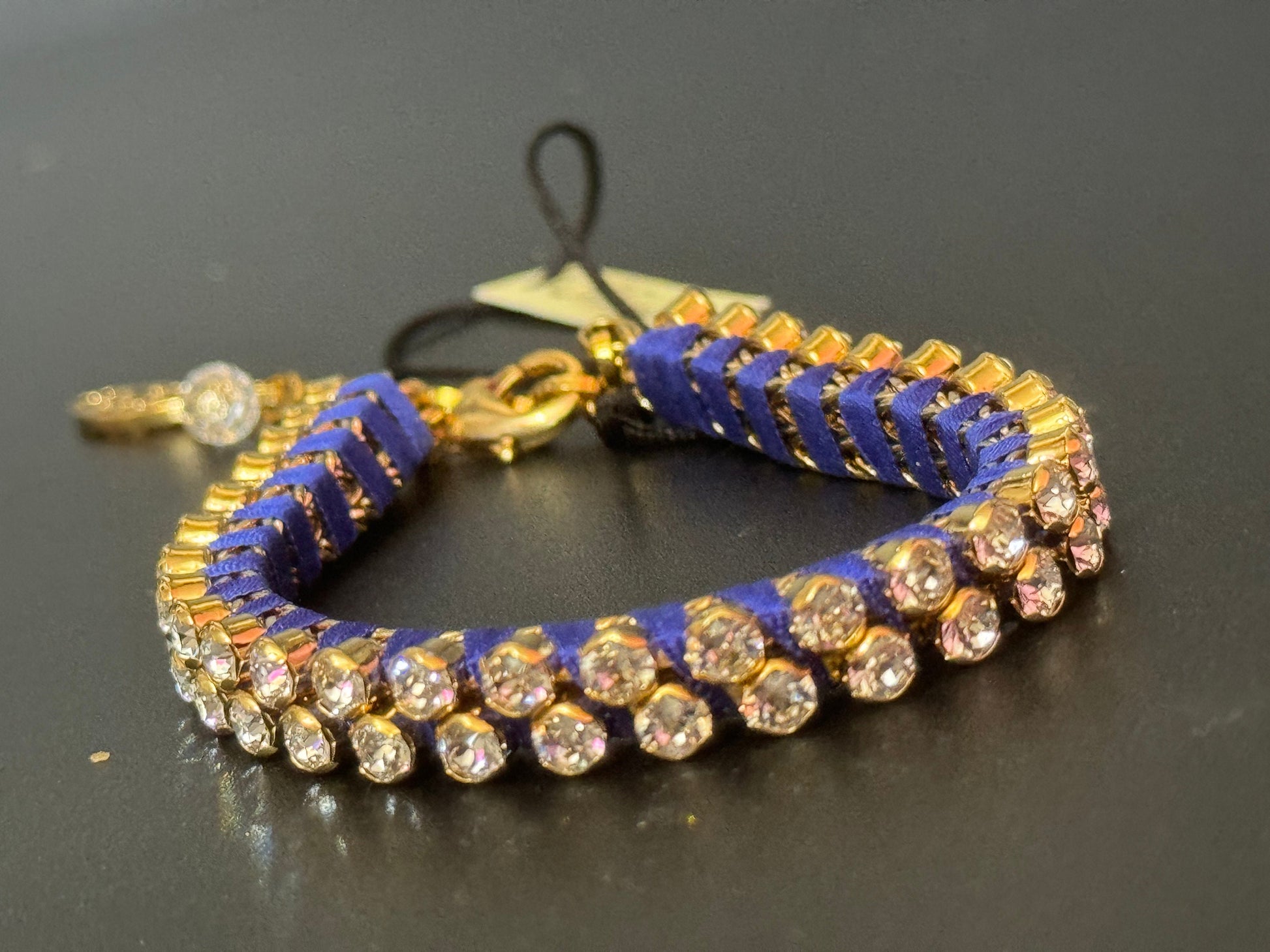 Retro Bright cobalt blue Japanese silk clear Swarovski Crystal diamanté tennis bracelet designer