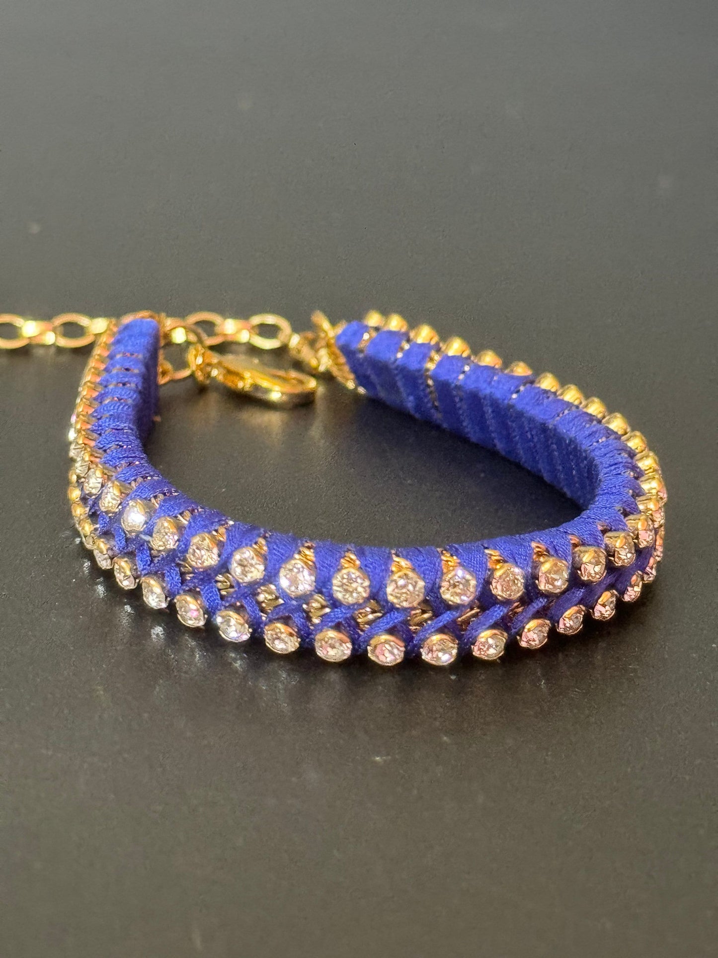 Retro Bright cobalt blue Japanese silk clear Swarovski Crystal diamanté tennis bracelet designer