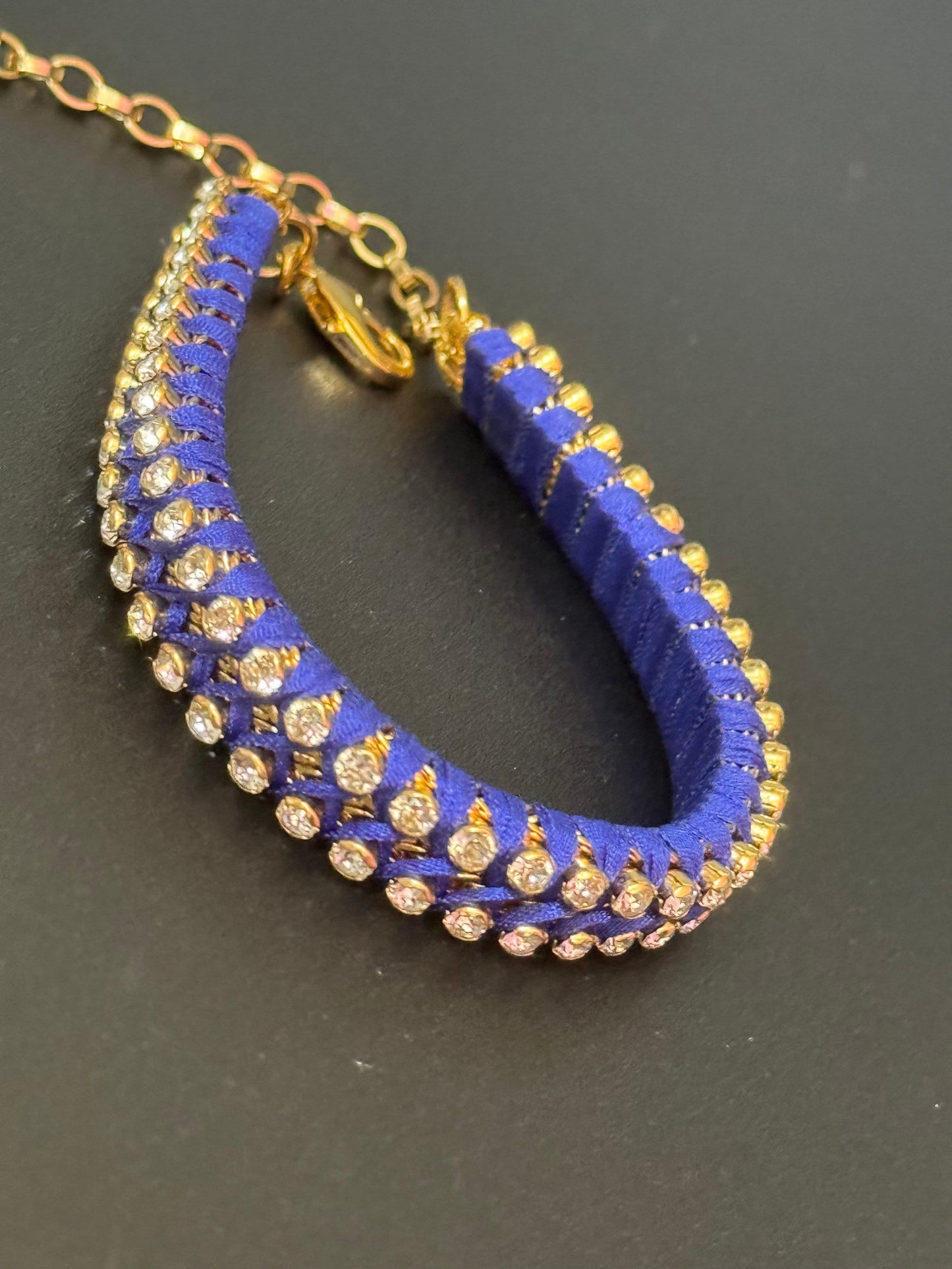 Retro Bright cobalt blue Japanese silk clear Swarovski Crystal diamanté tennis bracelet designer