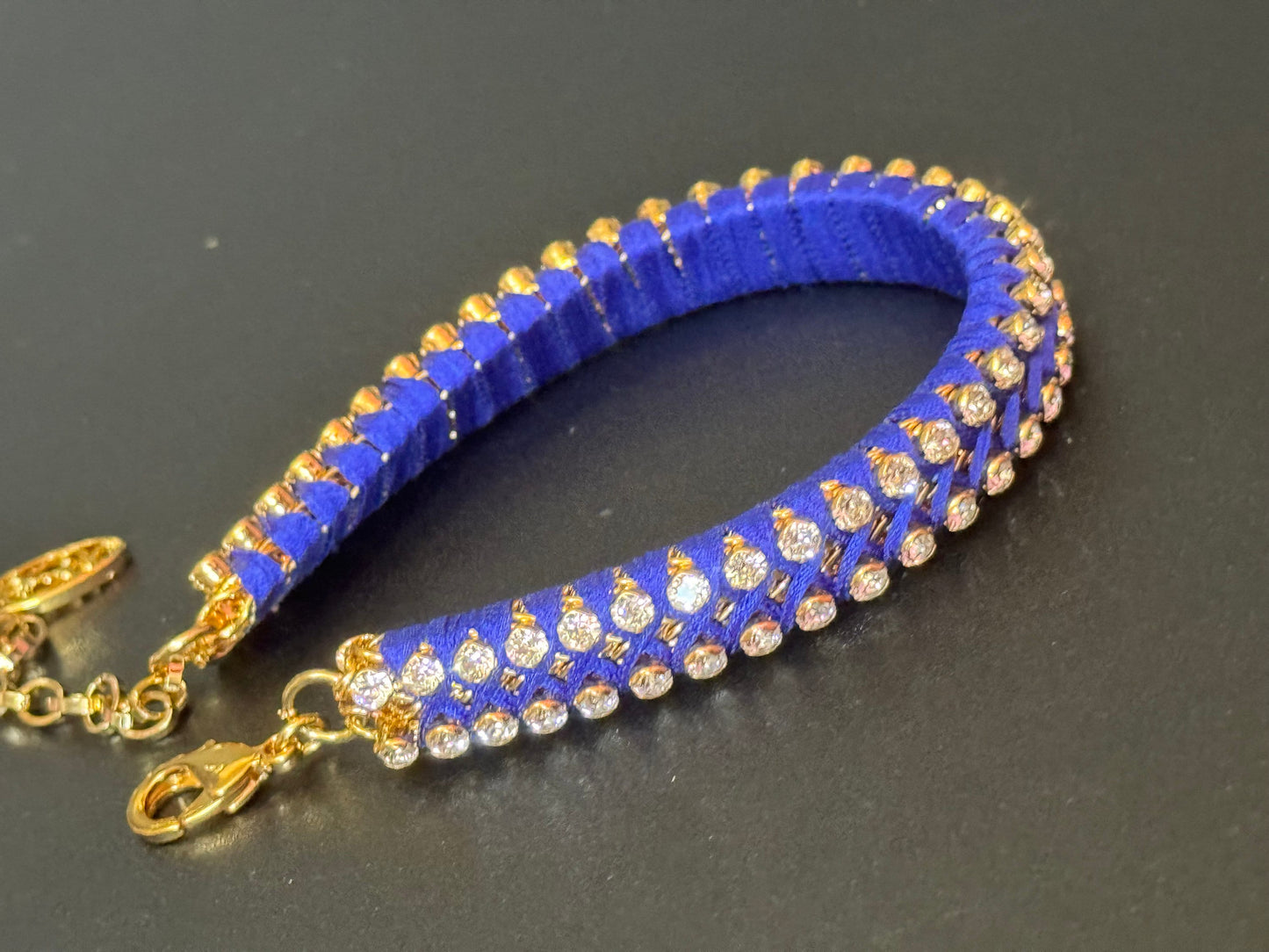 Retro Bright cobalt blue Japanese silk clear Swarovski Crystal diamanté tennis bracelet designer