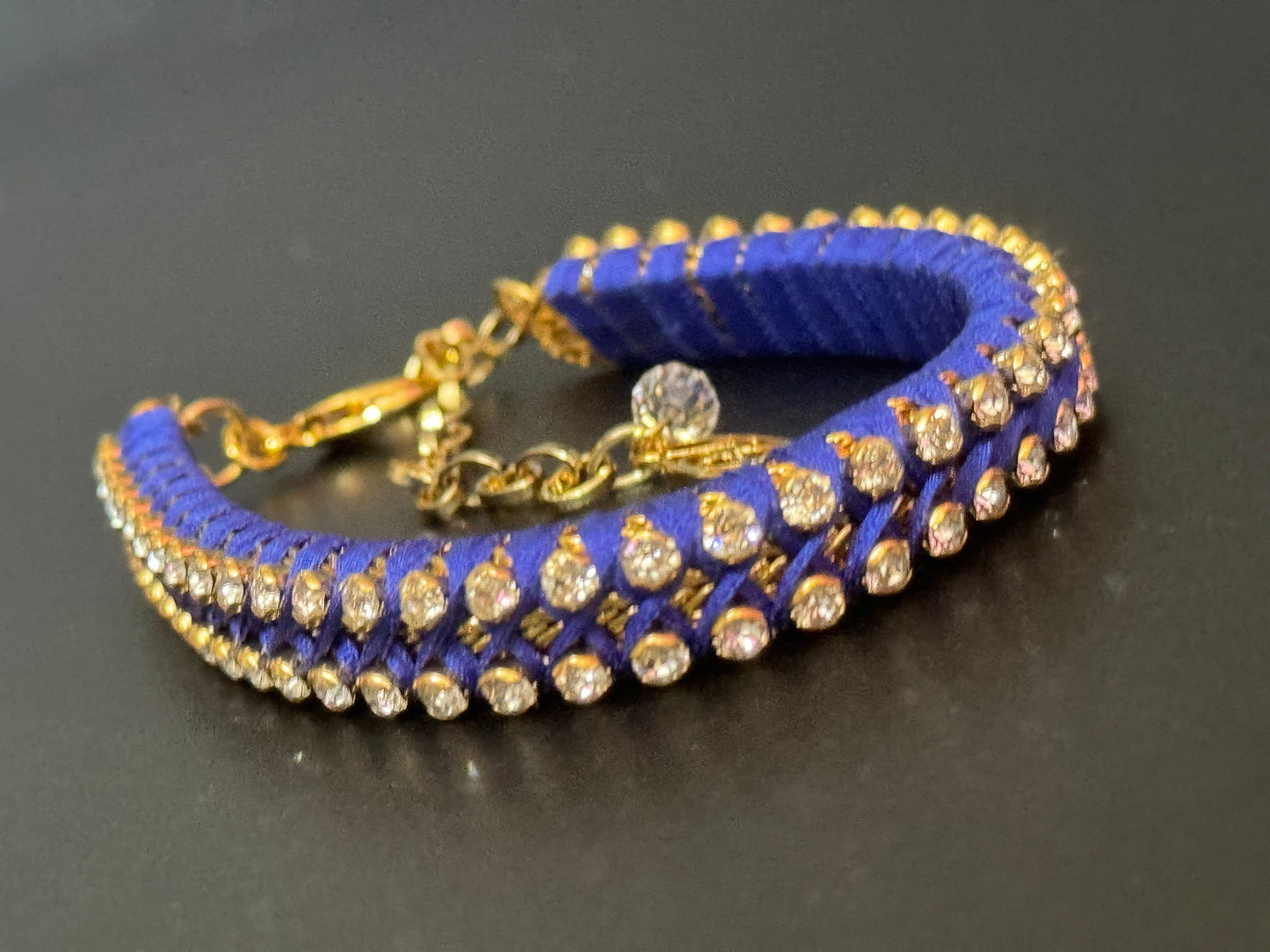 Retro Bright cobalt blue Japanese silk clear Swarovski Crystal diamanté tennis bracelet designer