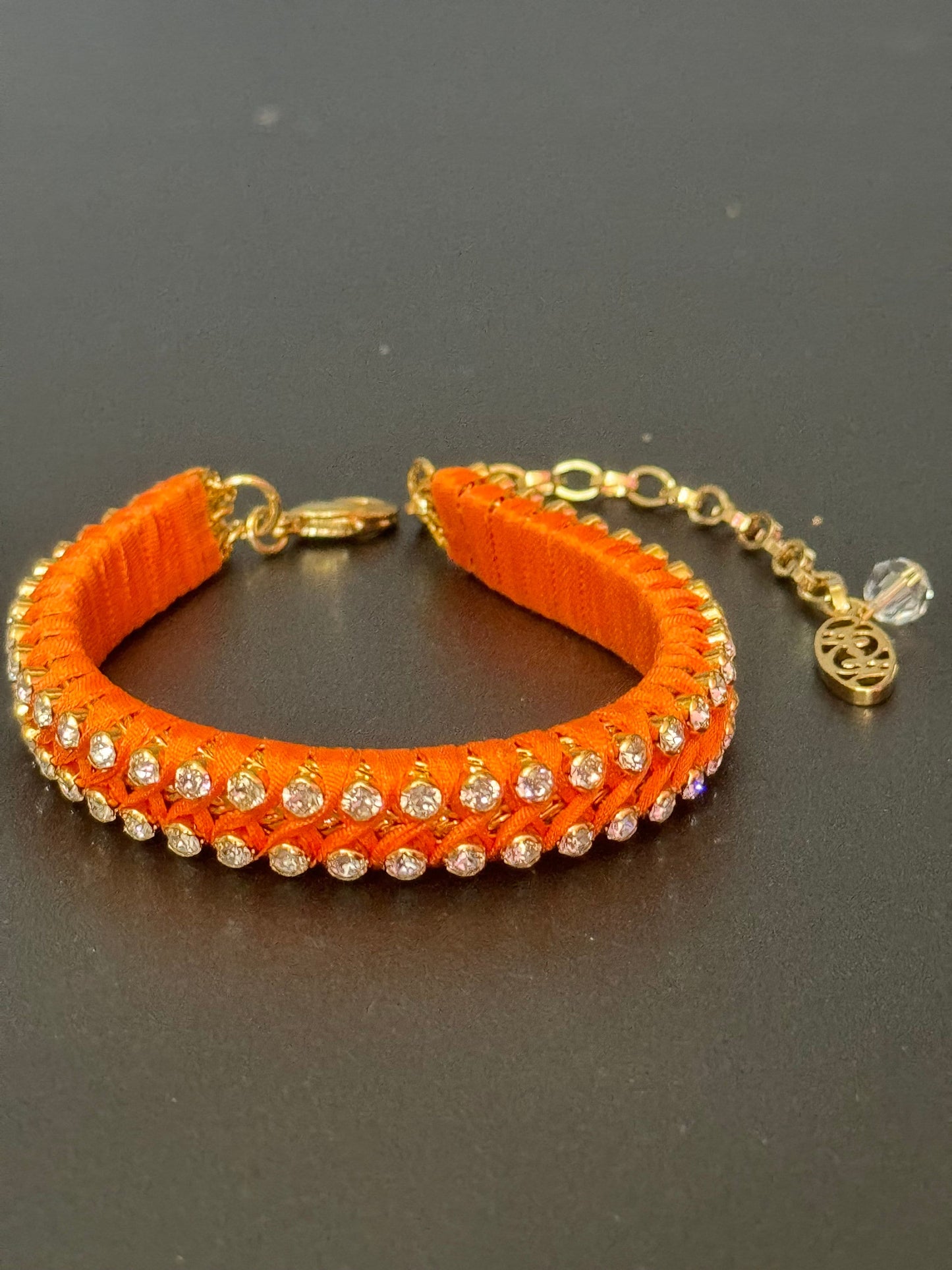 Retro Bright orange Japanese silk clear Swarovski Crystal diamanté tennis bracelet designer