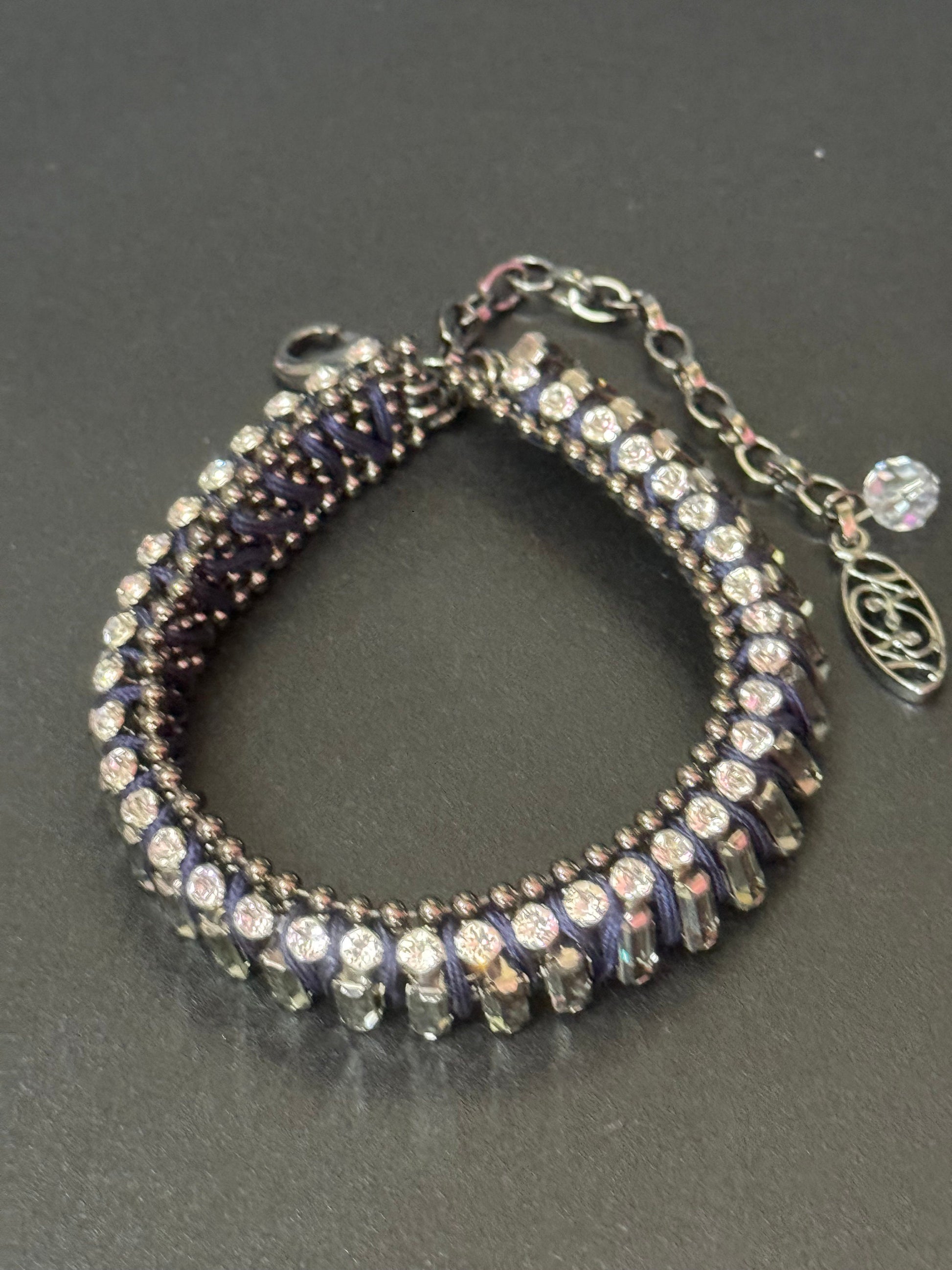 Retro grey baguette Swarovski Crystal diamanté and dark blue silk cord tennis bracelet designer