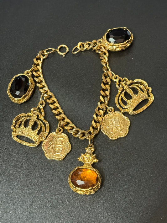 Vintage Gold tone Chinese chain link chunky black and citrine charm bracelet 1960s 1970s Etruscan faceted glass charms