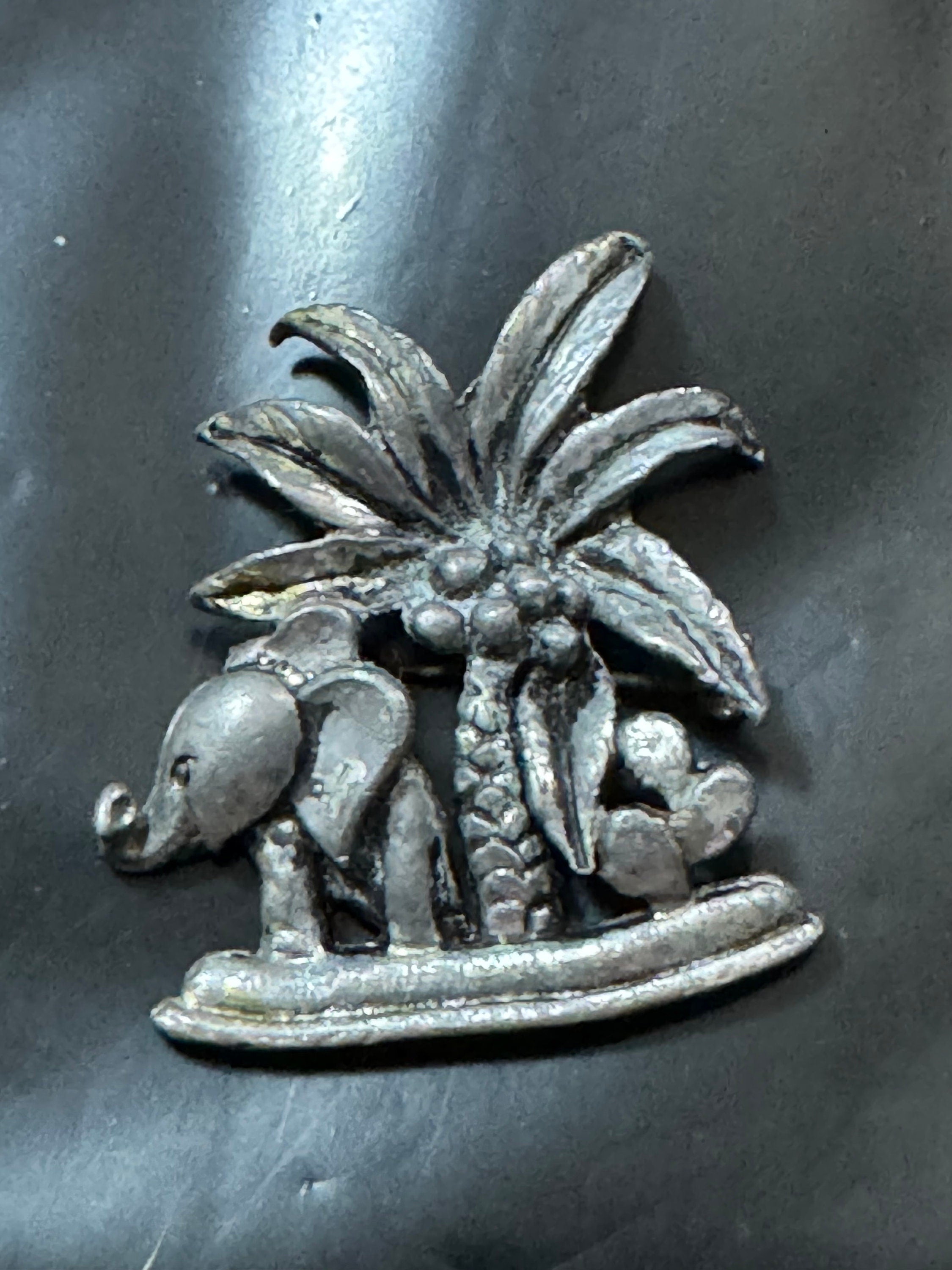 Vintage Silver Tone African elephant and palm tree brooch