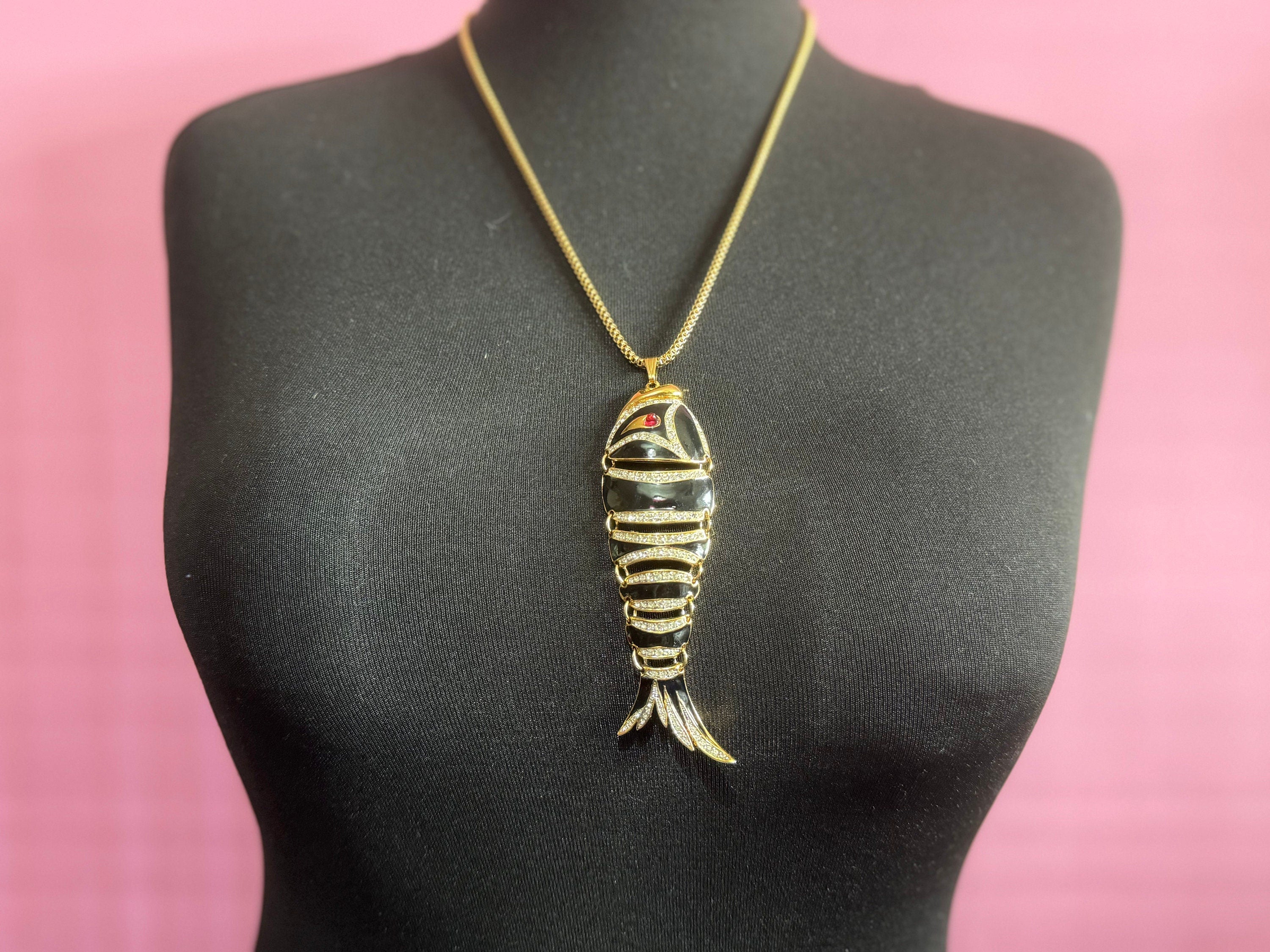 Signed d’orlan long 62cm gold chain with black enamel diamanté large fish pendant necklace designer