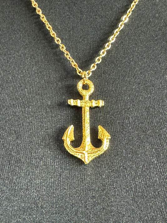 vintage gold tone textured nautical anchor pendant on a 55cm cable chain necklace 1980s