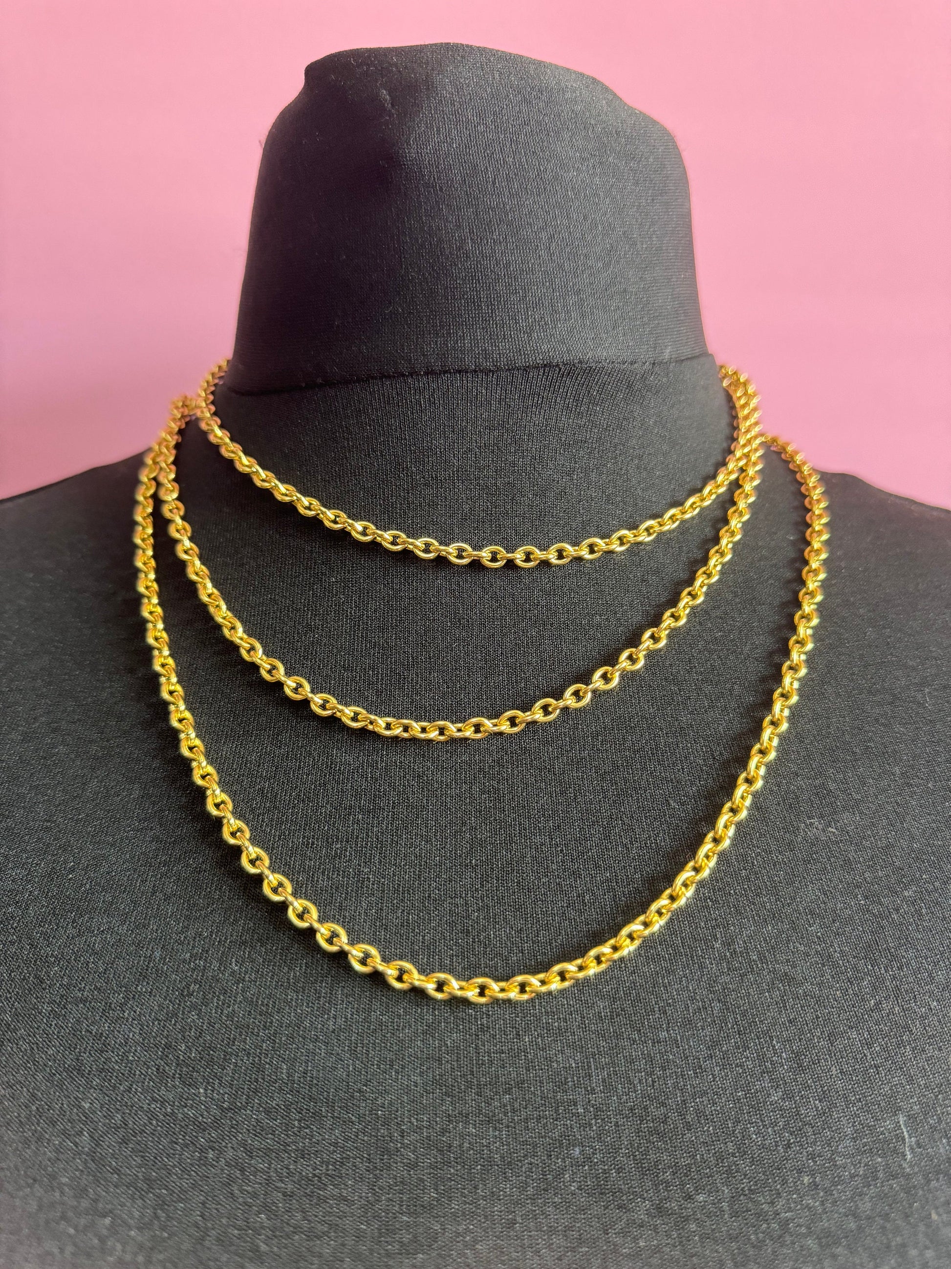 60” extra long 1980s gold tone cable link plain chain necklace for layering charms