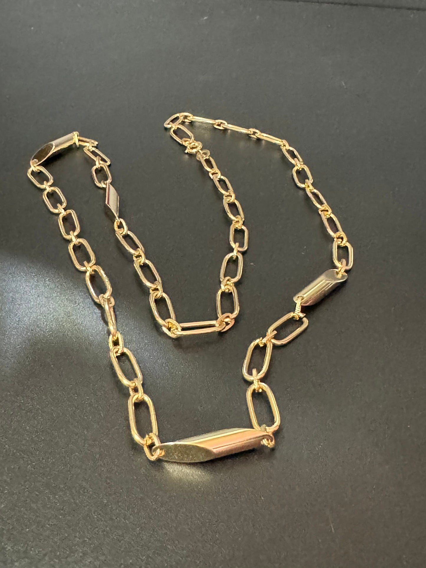 30” 75cm long 1980s gold tone fancy link station necklace for layering and charms