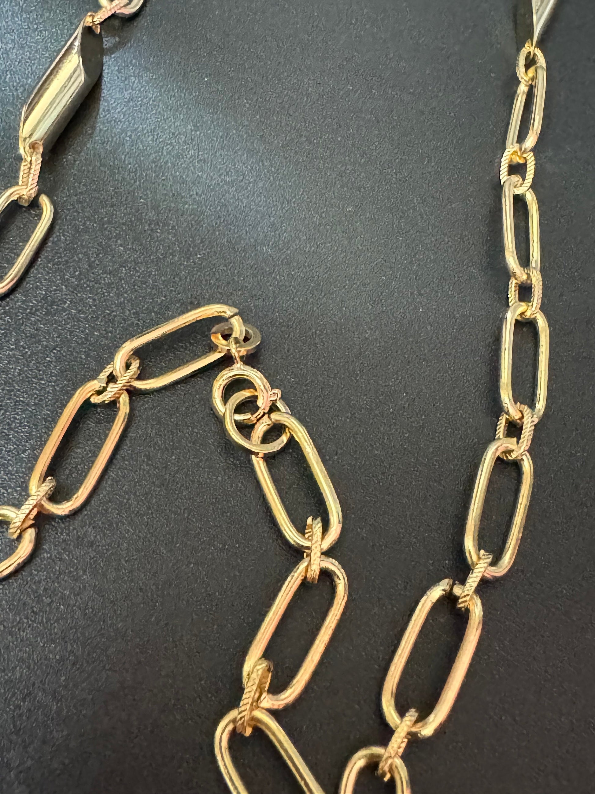 30” 75cm long 1980s gold tone fancy link station necklace for layering and charms