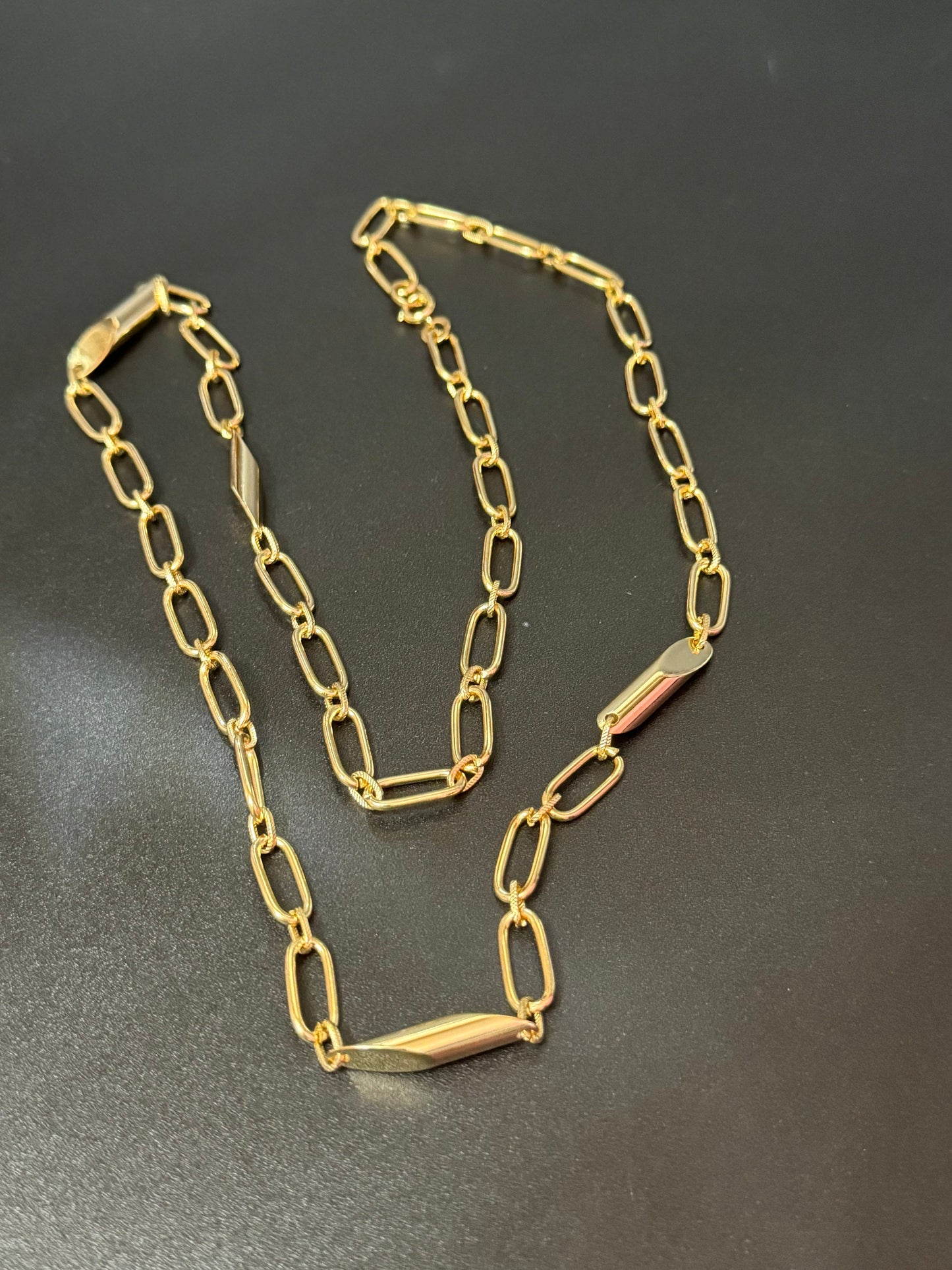 30” 75cm long 1980s gold tone fancy link station necklace for layering and charms