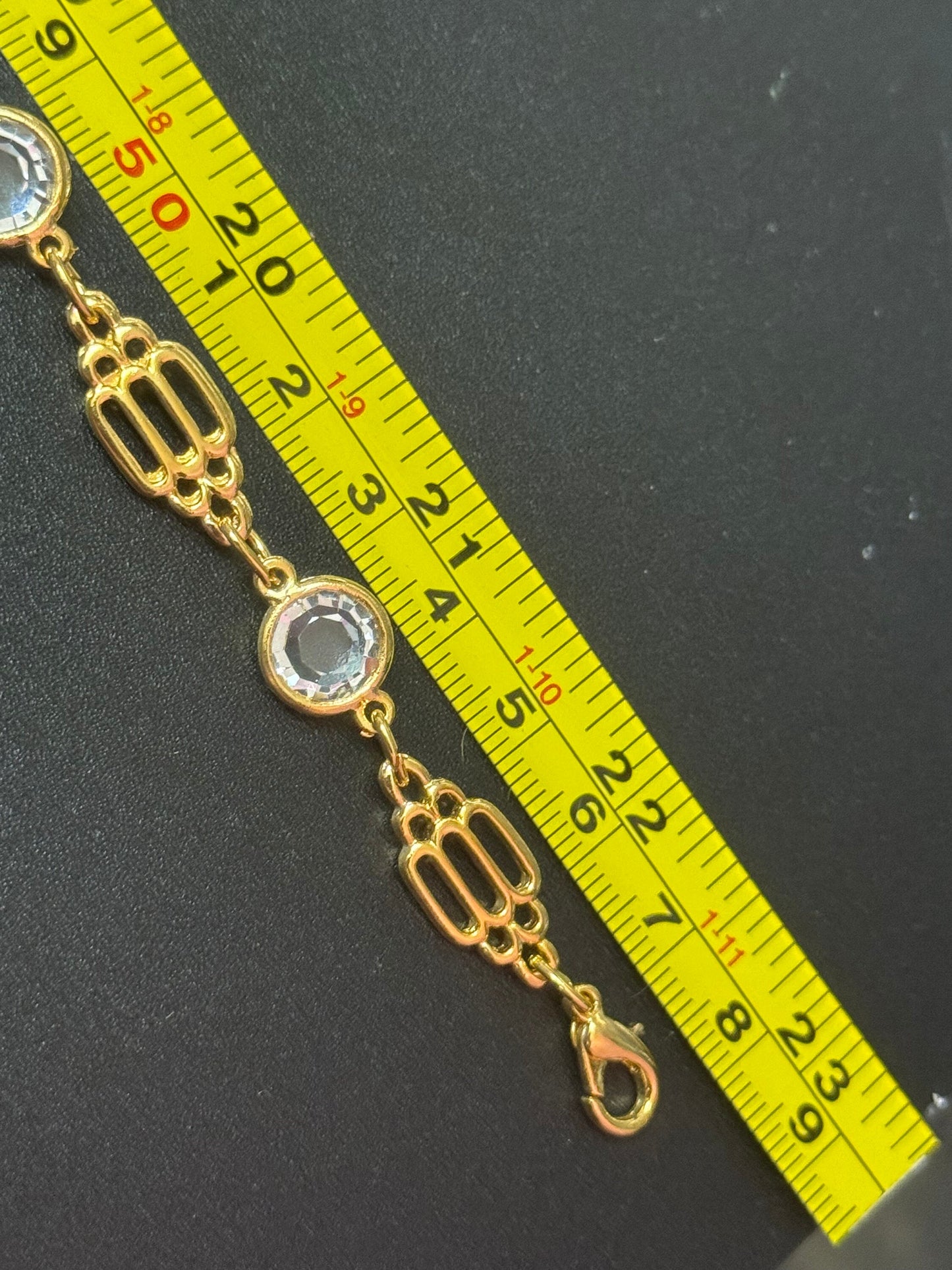 58cm long 1980s thick gold plated fancy link glass crystal bezel beaded station necklace