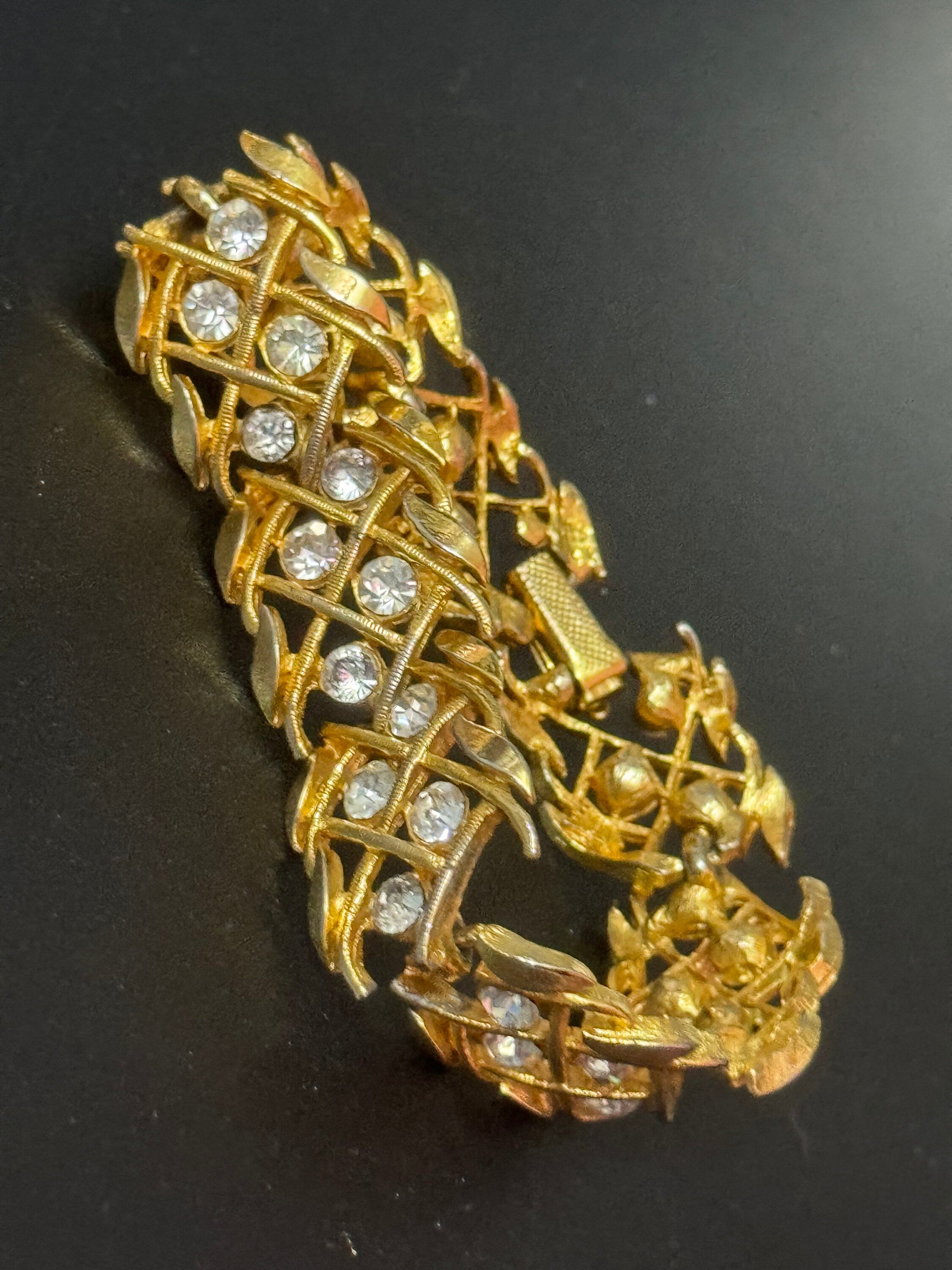 Slim wrist Vintage woven panel link gold tone clear rhinestone bracelet 17cm x 2cm wide