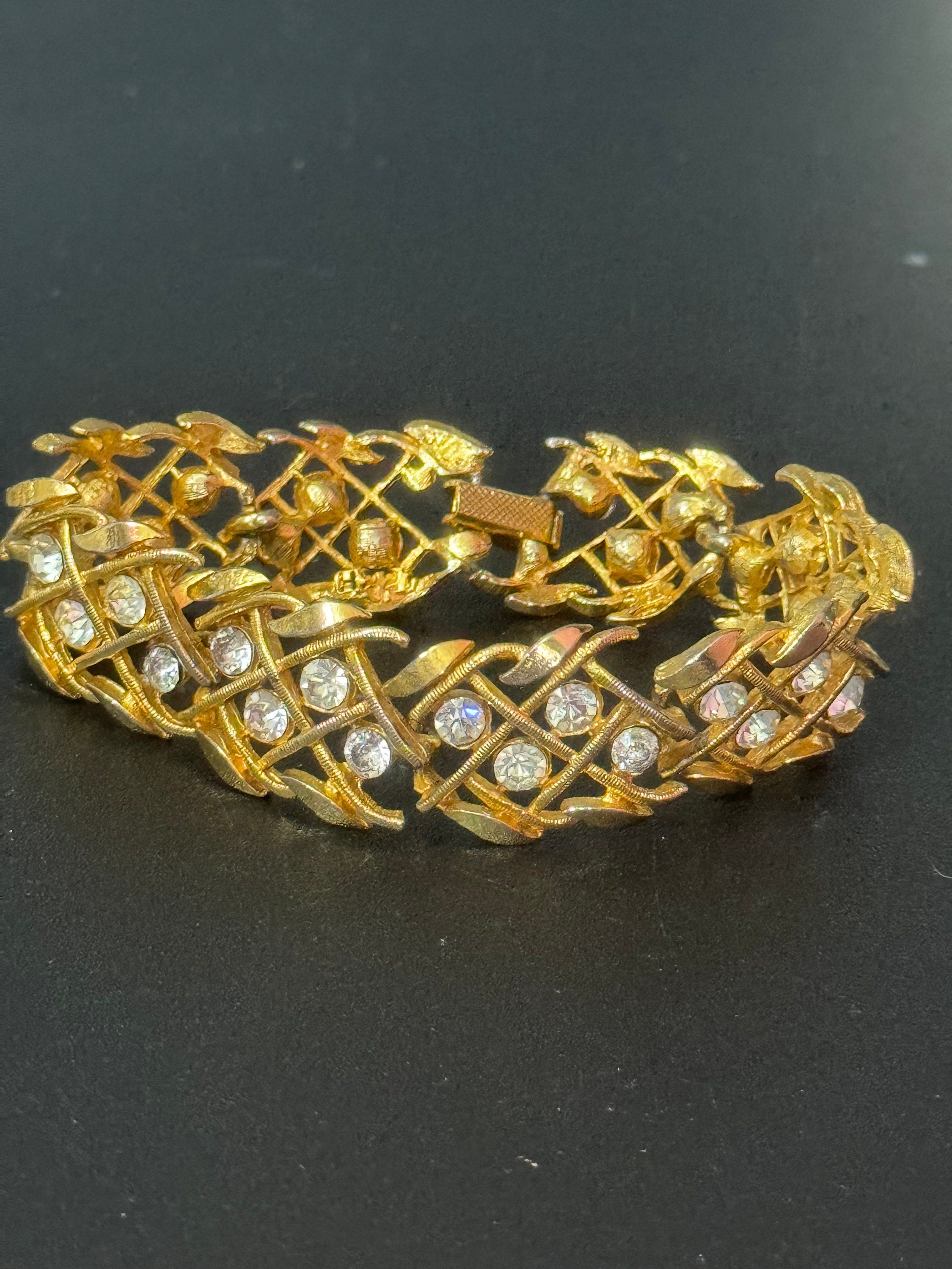 Vintage woven panel link gold tone clear rhinestone bracelet 17cm x 2cm wide