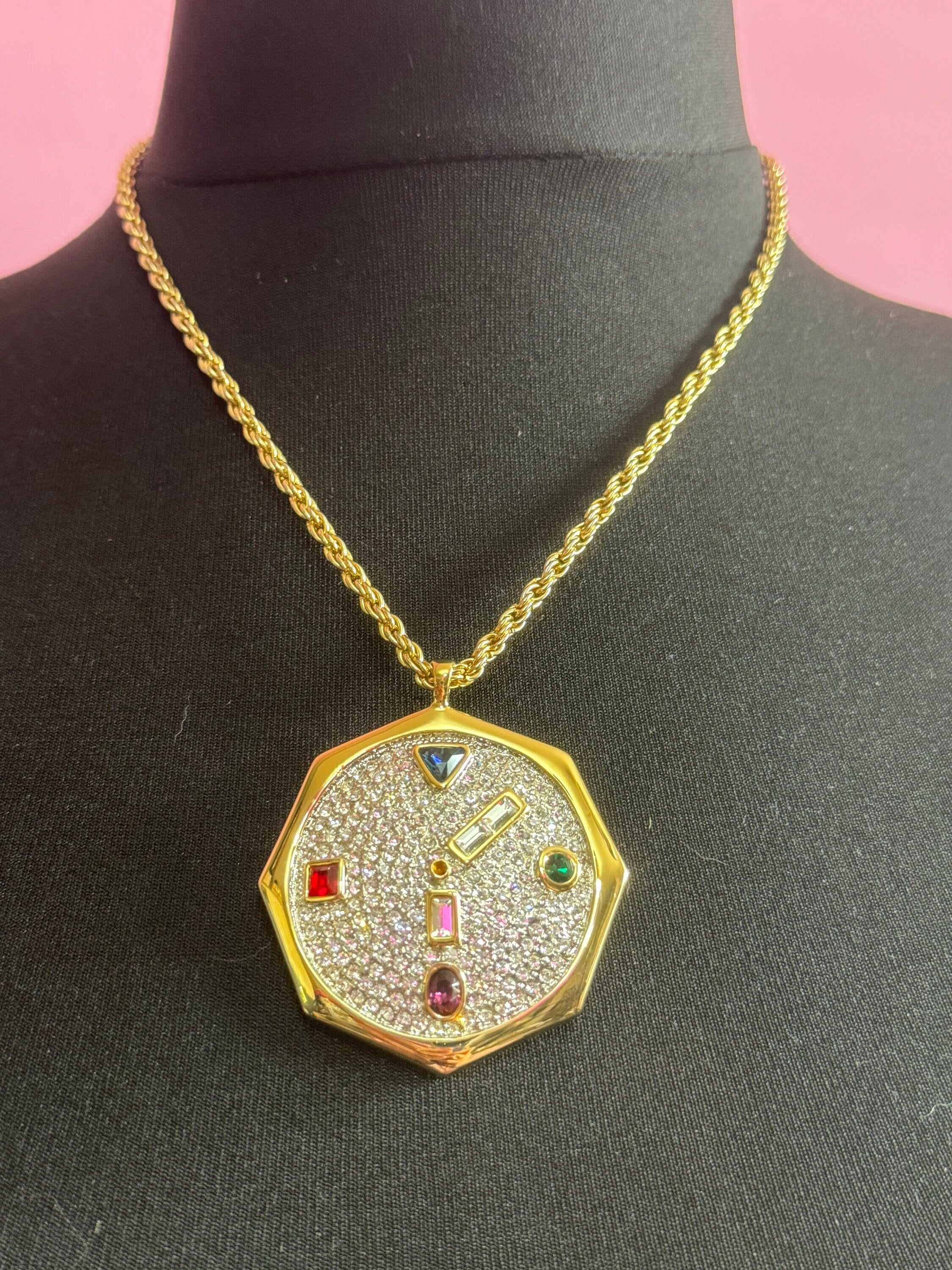 High End Retro gem set gold tone rope necklace with hexagonal rhinestone encrusted medallion pendant red blue green