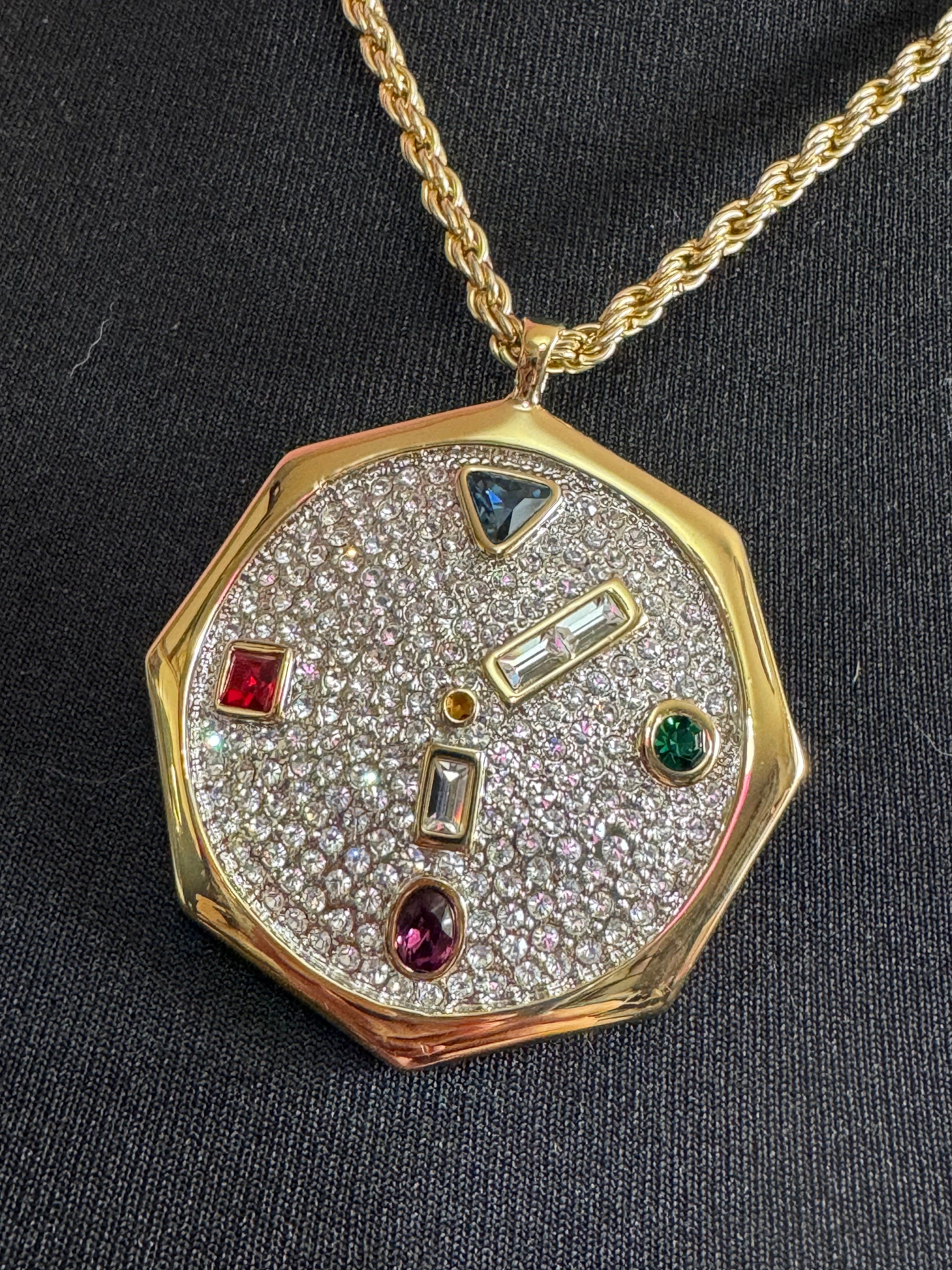 High End Retro gem set gold tone rope necklace with hexagonal rhinestone encrusted medallion pendant red blue green