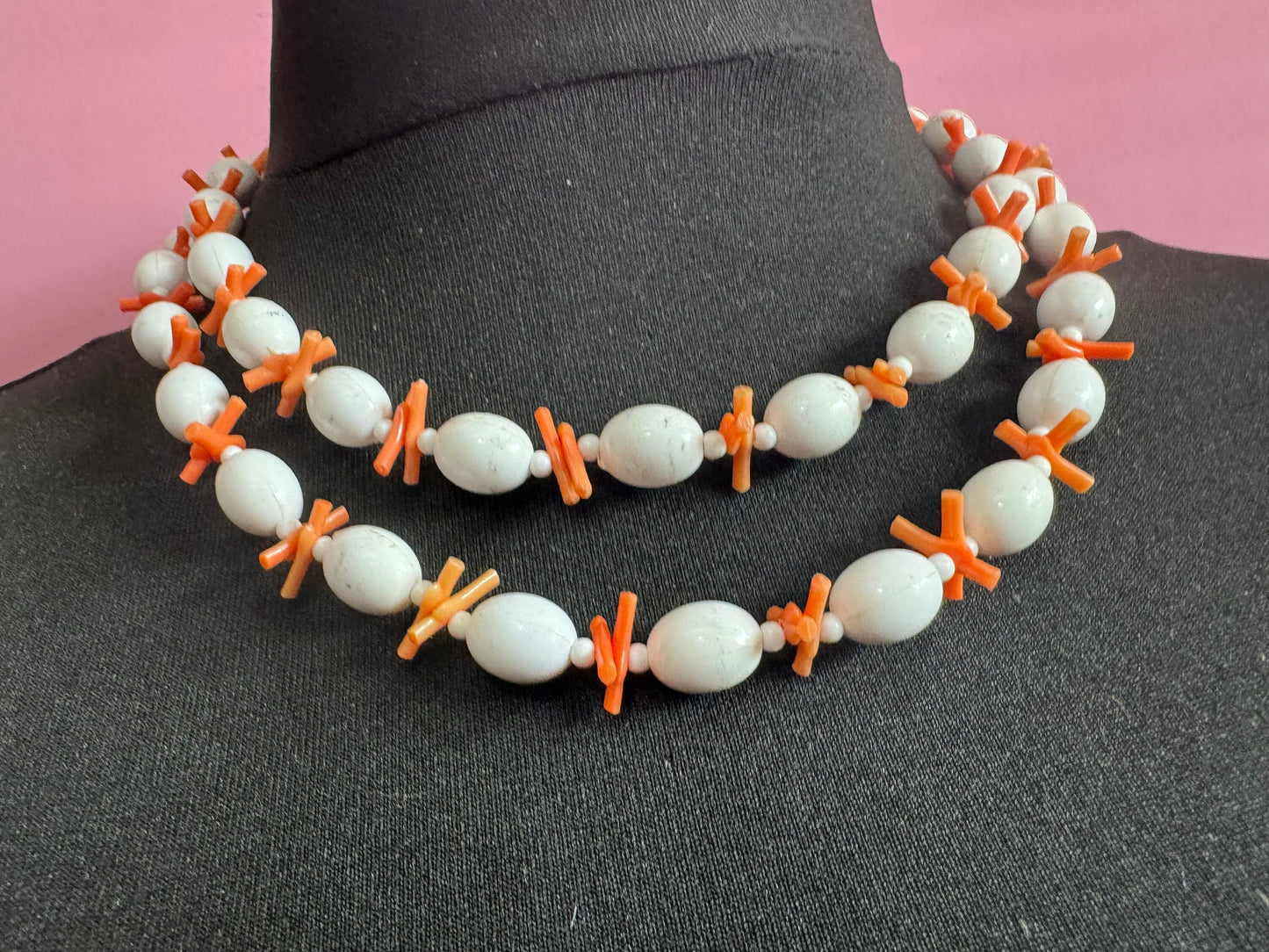 100cm vintage Stick Branch Orange FAUX Coral and white oval beaded plastic necklace