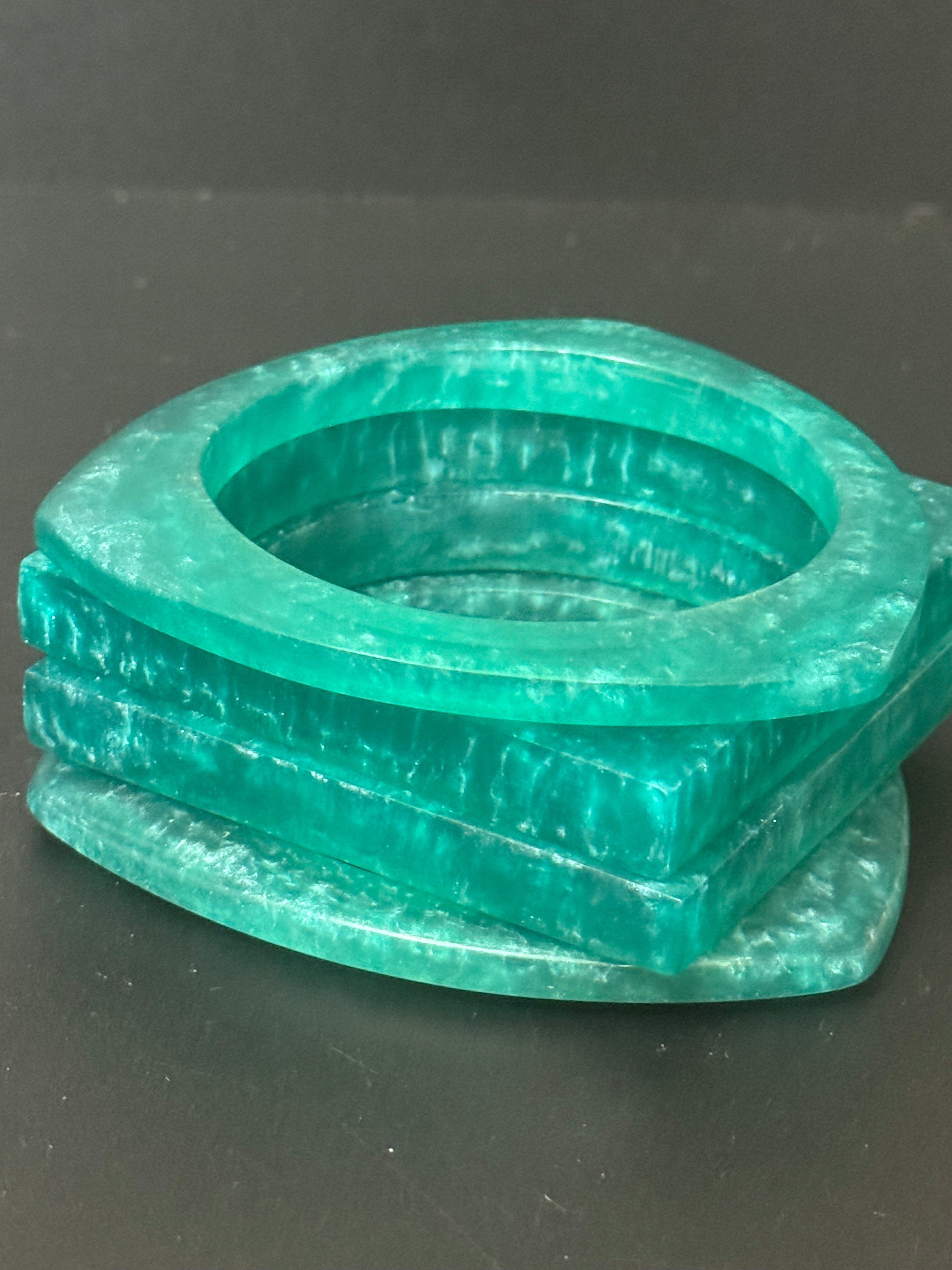 Set of 4 Dark turquoise blue stack of vintage geometric square triangle plastic bangles