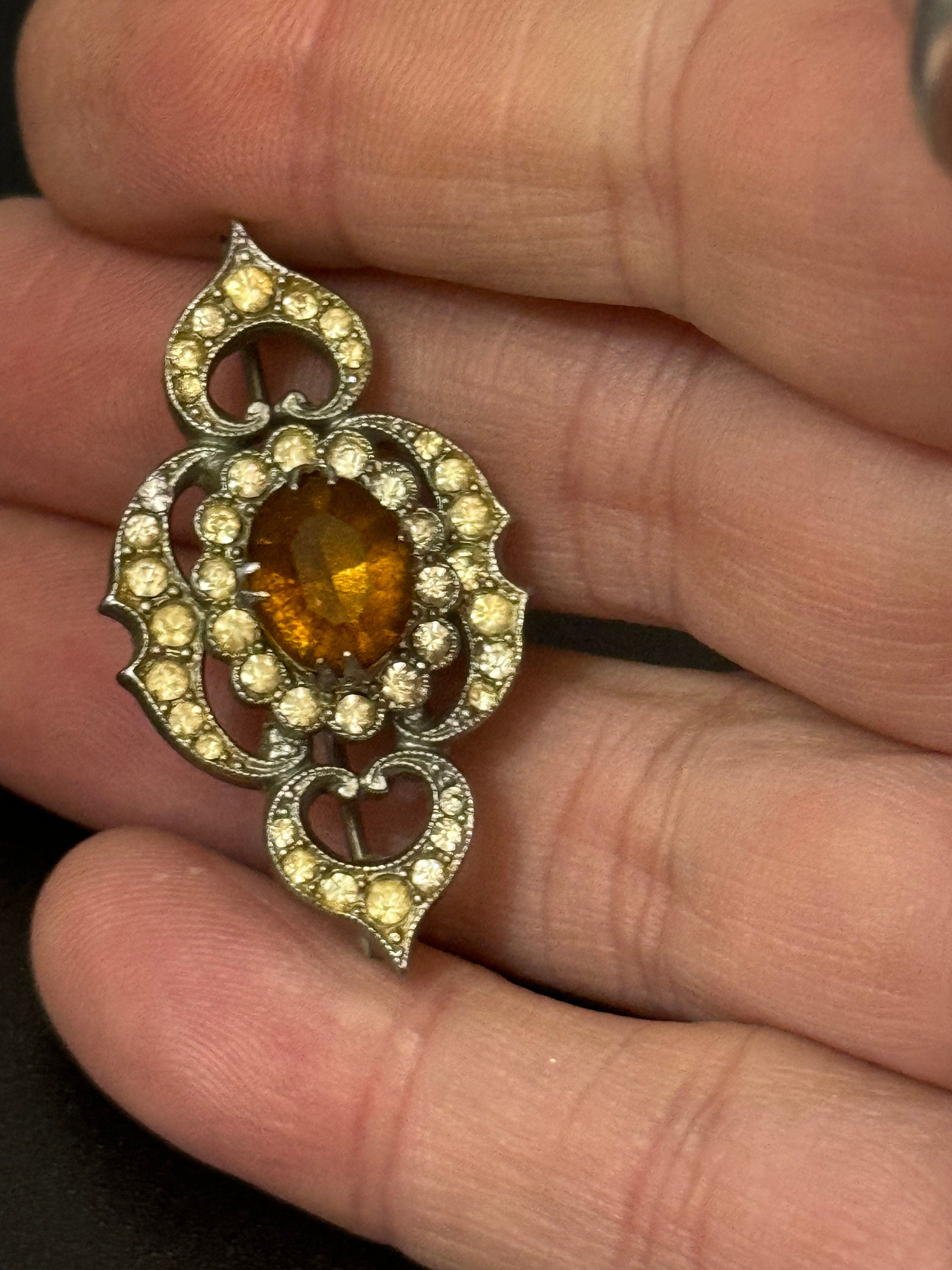 vintage silver tone rhinestone diamanté brooch with orange citrine glass stone