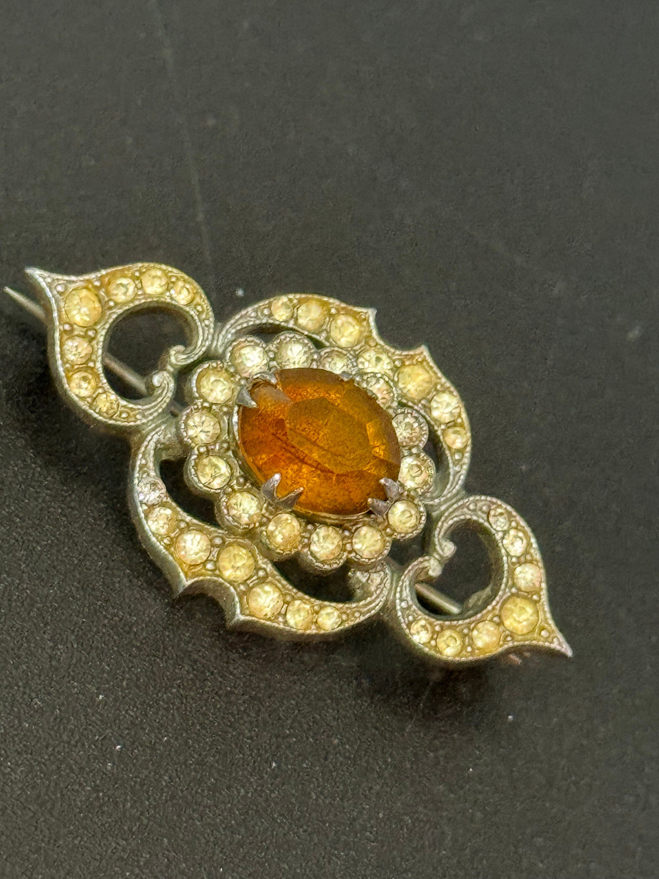 vintage silver tone rhinestone diamanté brooch with orange citrine glass stone