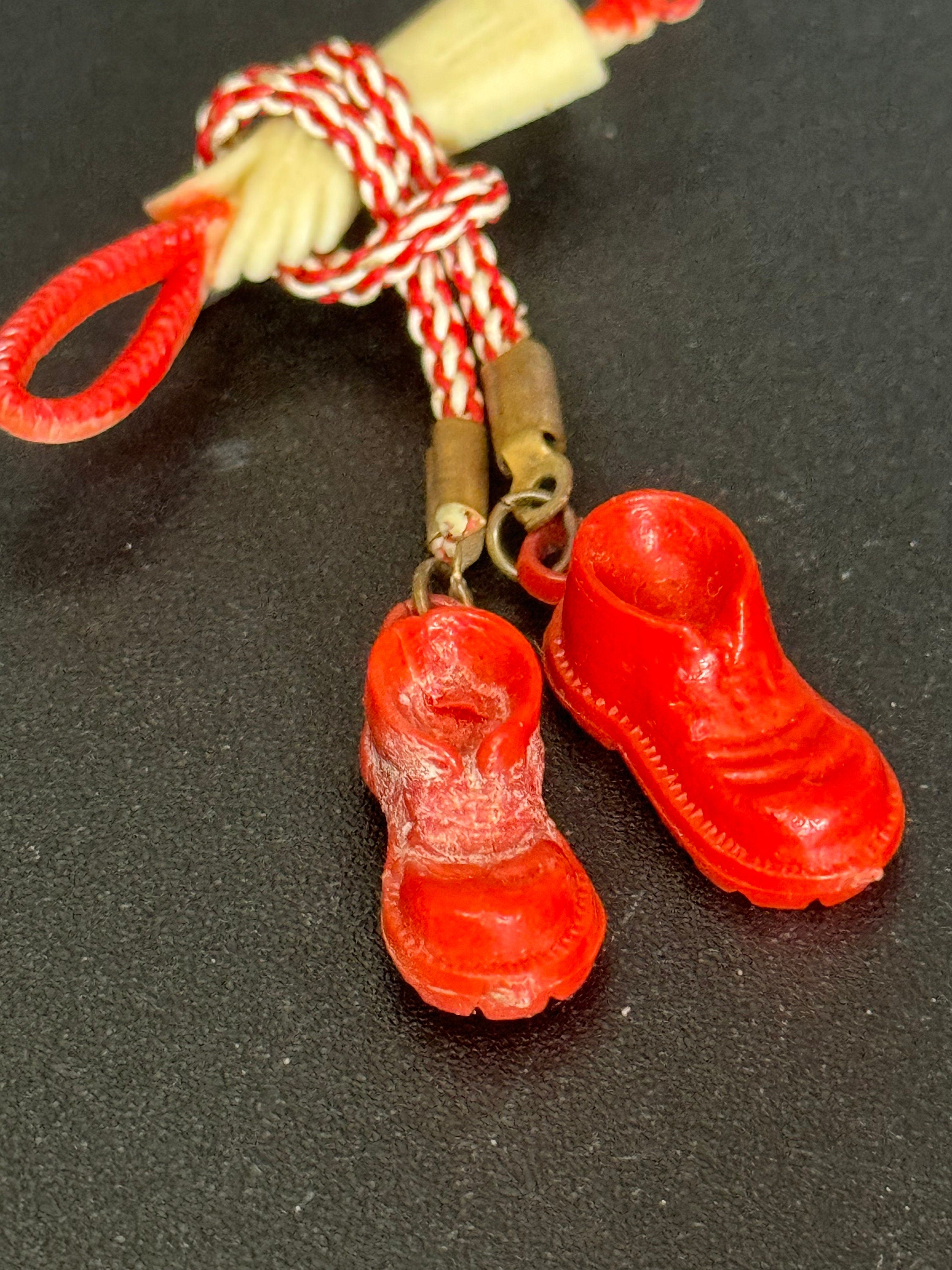 Early Plastic Art Deco bright red Pendant bar brooch dropper with shoes 1940s Antique Vintage celluloid Kitsch Tourist